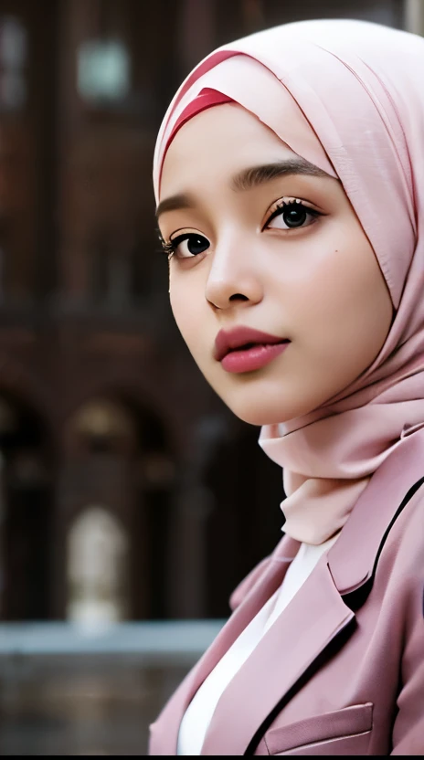 hijab woman, brown blazer, pink lips, soft focus