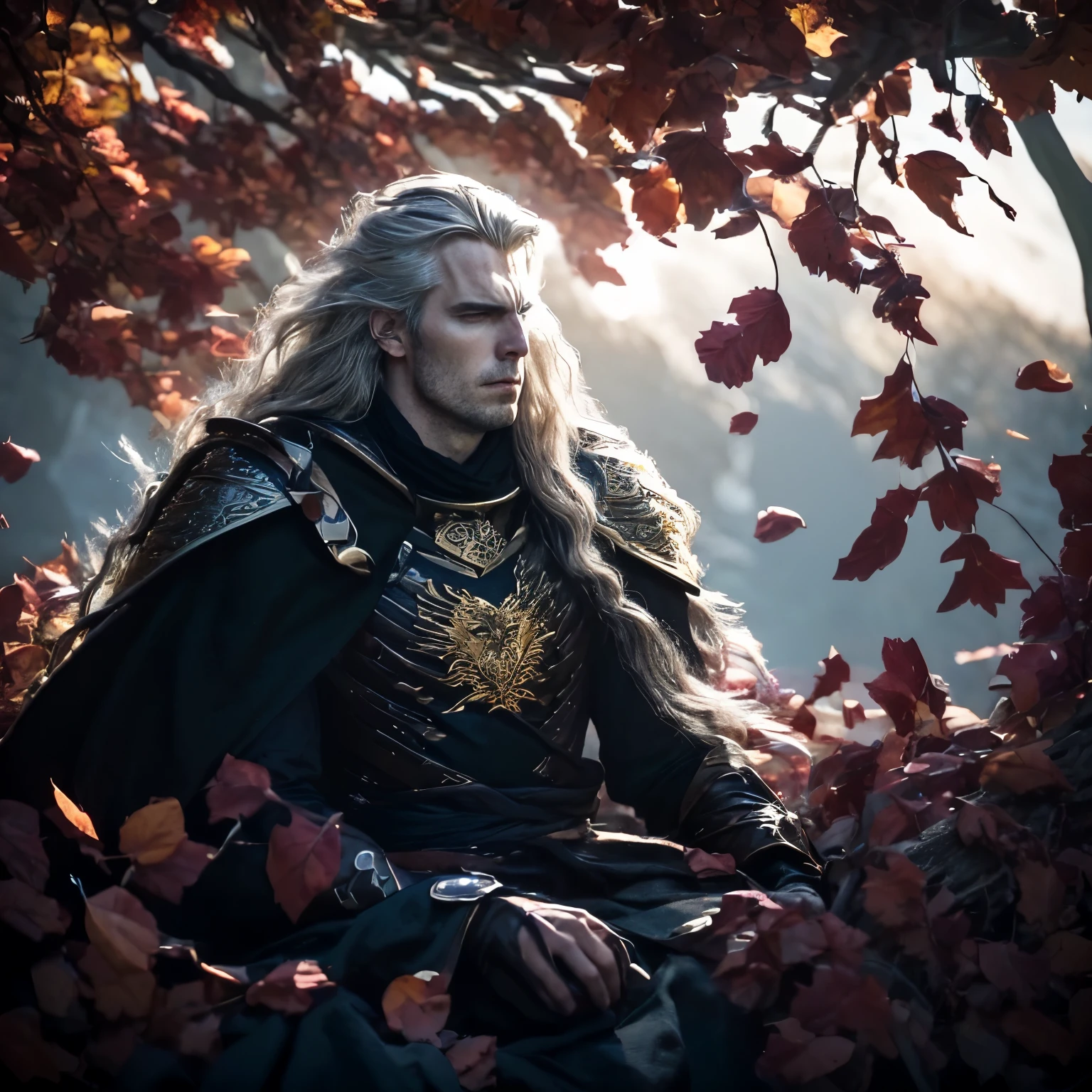 Create an AI-generated image depicting the death of Rhaegar. His violet eyes reflect the stark realization of his mortality as he collapses to the ground, his life extinguished by the force of Robert's blow. In the background, depict the battlefield engulfed in chaos, with armies clashing and banners fluttering in the wind. Let the scene convey the magnitude of Rhaegar's fall, signaling the end of an era and the dawn of a new age in Westerosi history. Overall, create an immersive and dramatic image that captures the pivotal moment of Rhaegar Targaryen's death, sinking in the river, leaving an indelible mark on the hearts and minds of those who witnessed his fall. 
