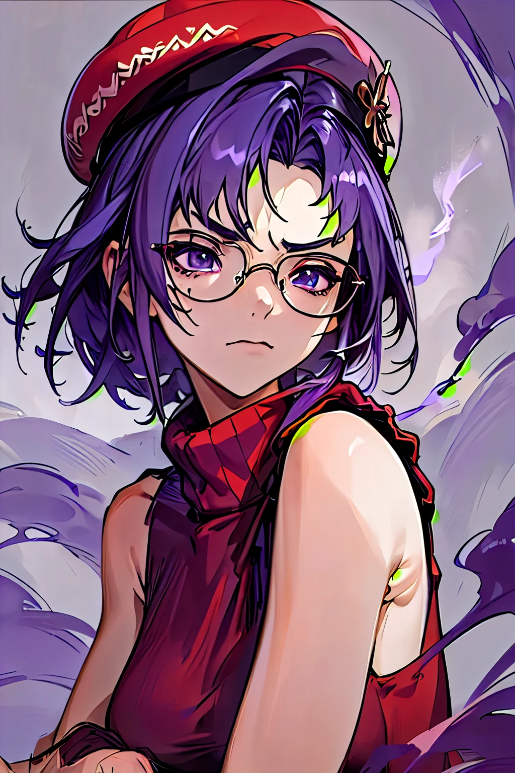 ((unparalleled masterpiece, best quality, perfect artwork)),hat,red sleeveless sweater, ultra-detailed, solo,annoyed, 1girl,medium breast,glasses,breast focus, breast close-up,(purple hair,),(purple smoke),