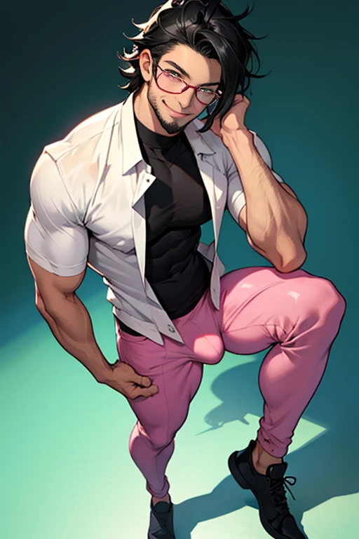 young male, male focus, giant bulge, black hair, pink glasses, shy smile, green eyes, white male, full body, no facial hair, no chest hair, skinny, anime style, twink, no ugly eyes, perfect face, tight black shirt