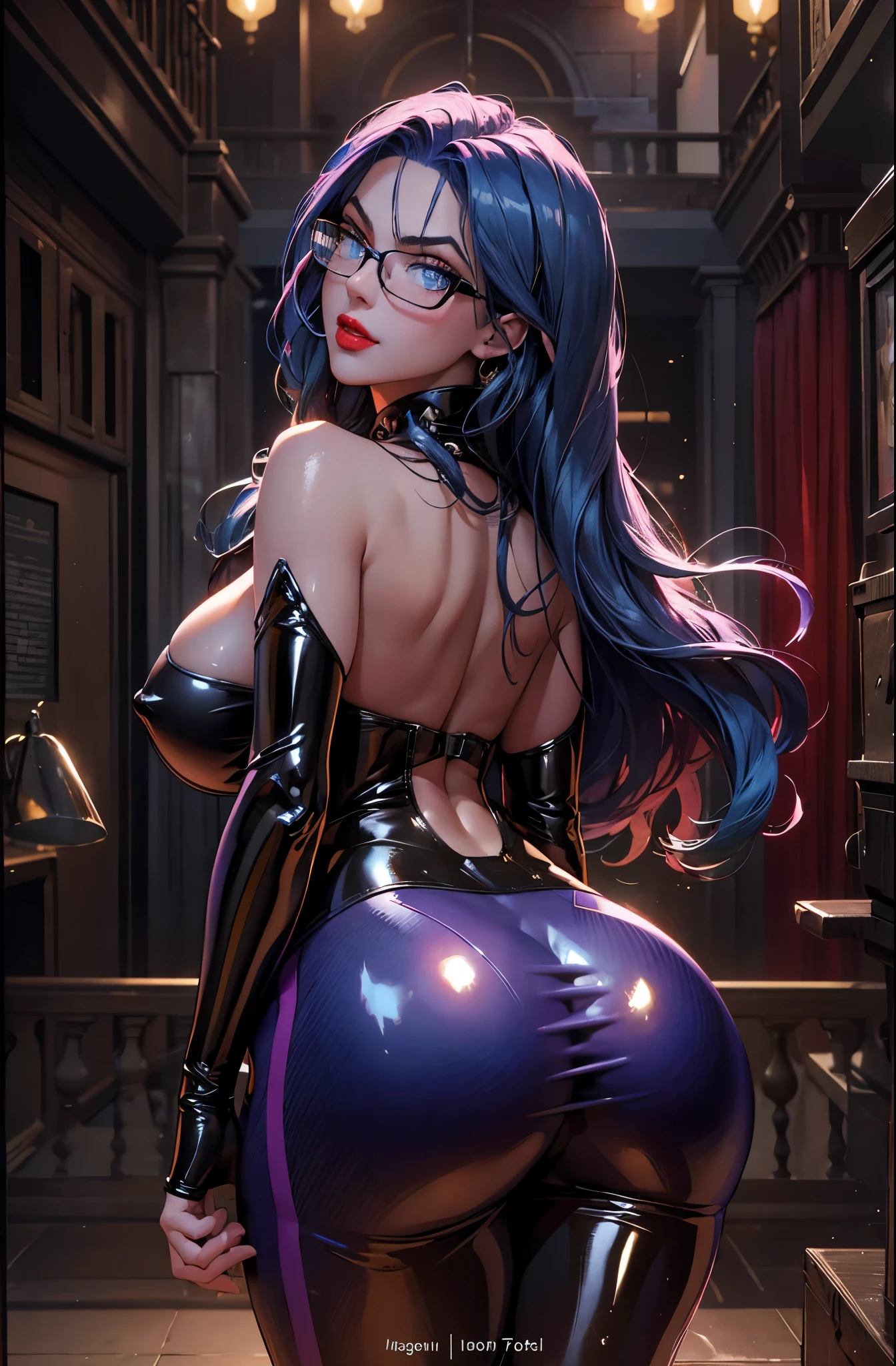 Girl, smile, red lips, big nose, big tits, big , big ass big butt, show ass, show butt, fair skin, long hair, blue hair colors, glasses, blue eyeball colors, purple latex suit colors, sexy girl, sexy body, big body, beautiful girl, awesome girl, sexy pose, ass pose, butt pose, ass focus, butt focus, realistic girl in room pose, gaze looking at the camera,