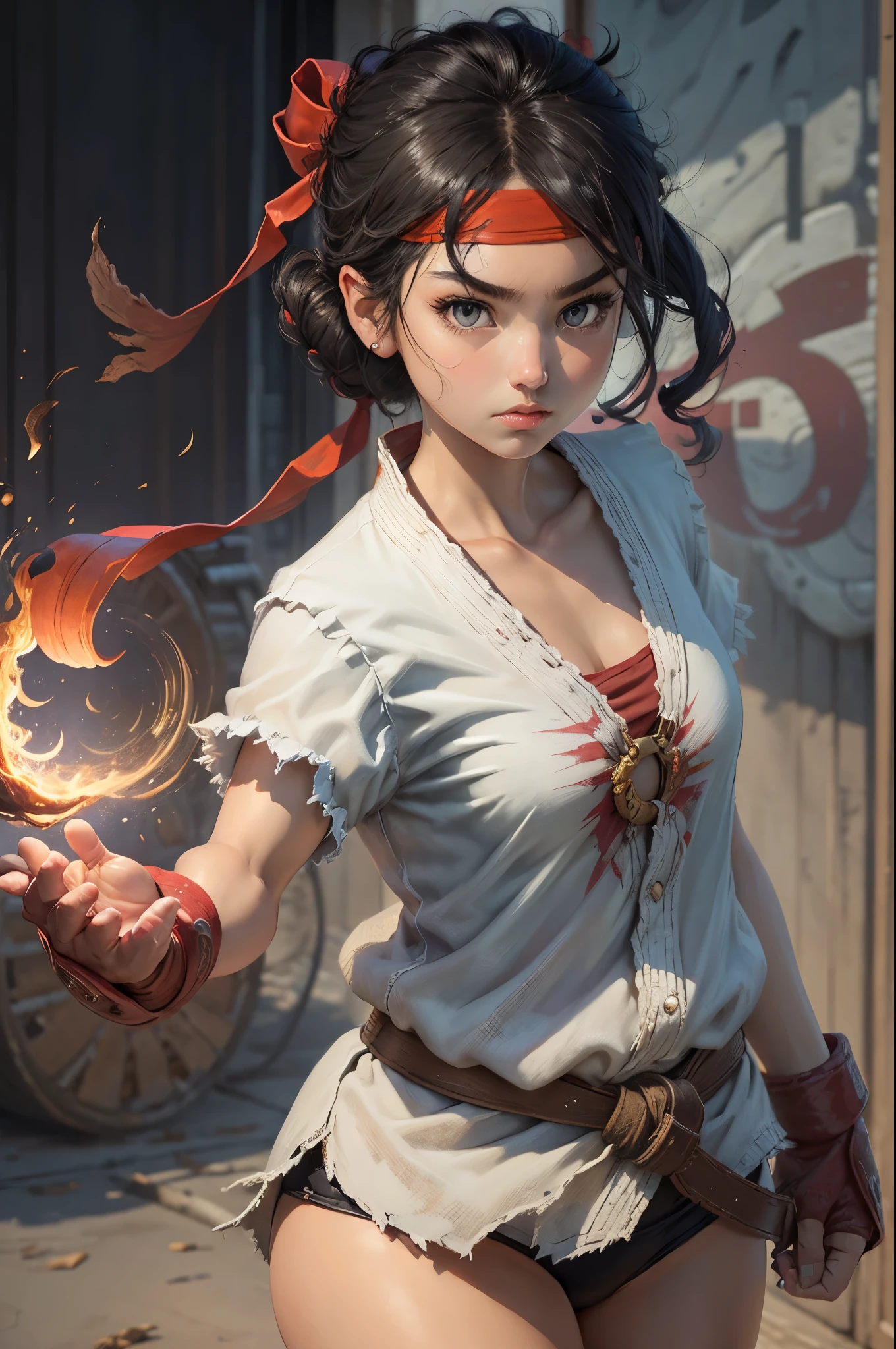 (masterpiece, best quality:1.2), expressive eyes, perfect face, highres, 1girl, solo, ryu \(sf\), (female:1.5), black hair, dougi, fingerless gloves, headband, standing, cowboy shot, looking at the viewer