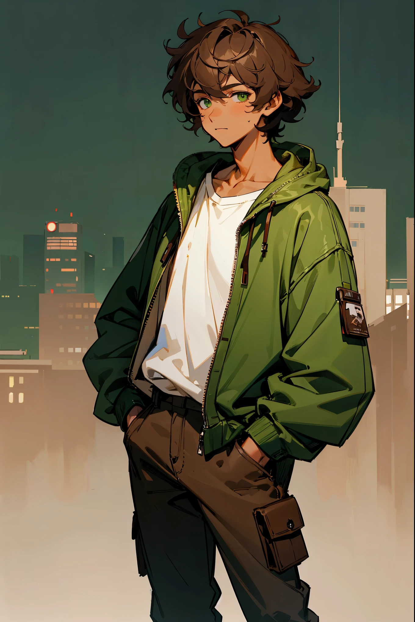 1male, (tan skin), chocolate brown hair, messy curled hair,green eyes, fixed expression, baggy modern clothing, 2000s clothing modernized, city background, detailed background, hands in pockets