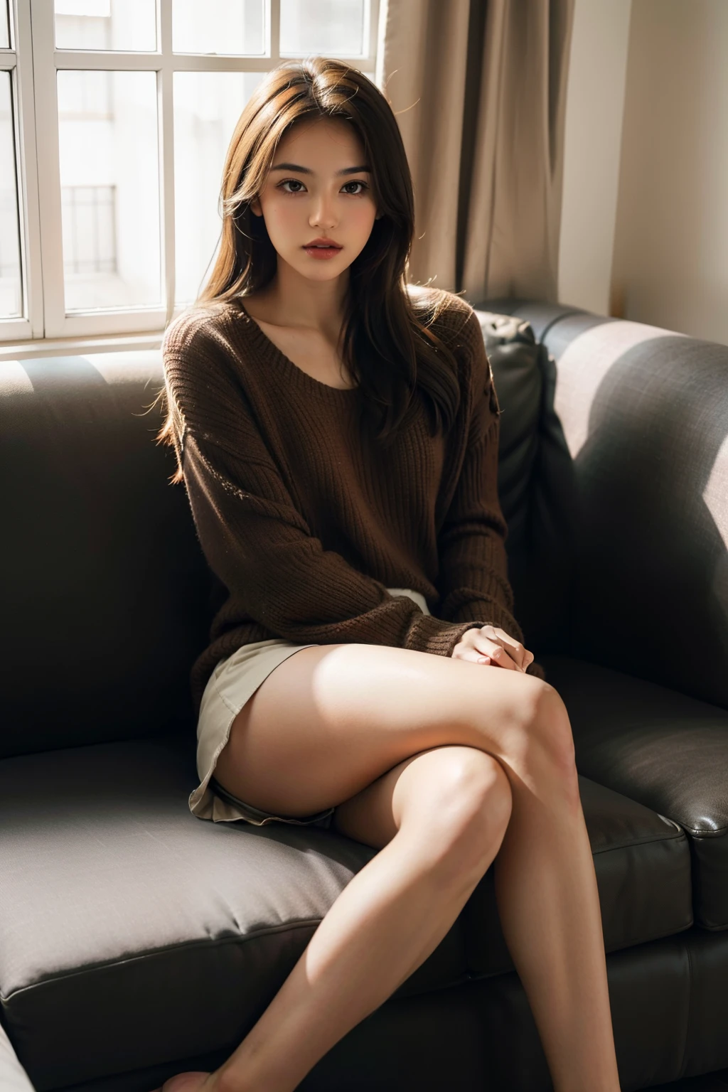 1girl,sitting on a cozy couch,crossing legs,soft light