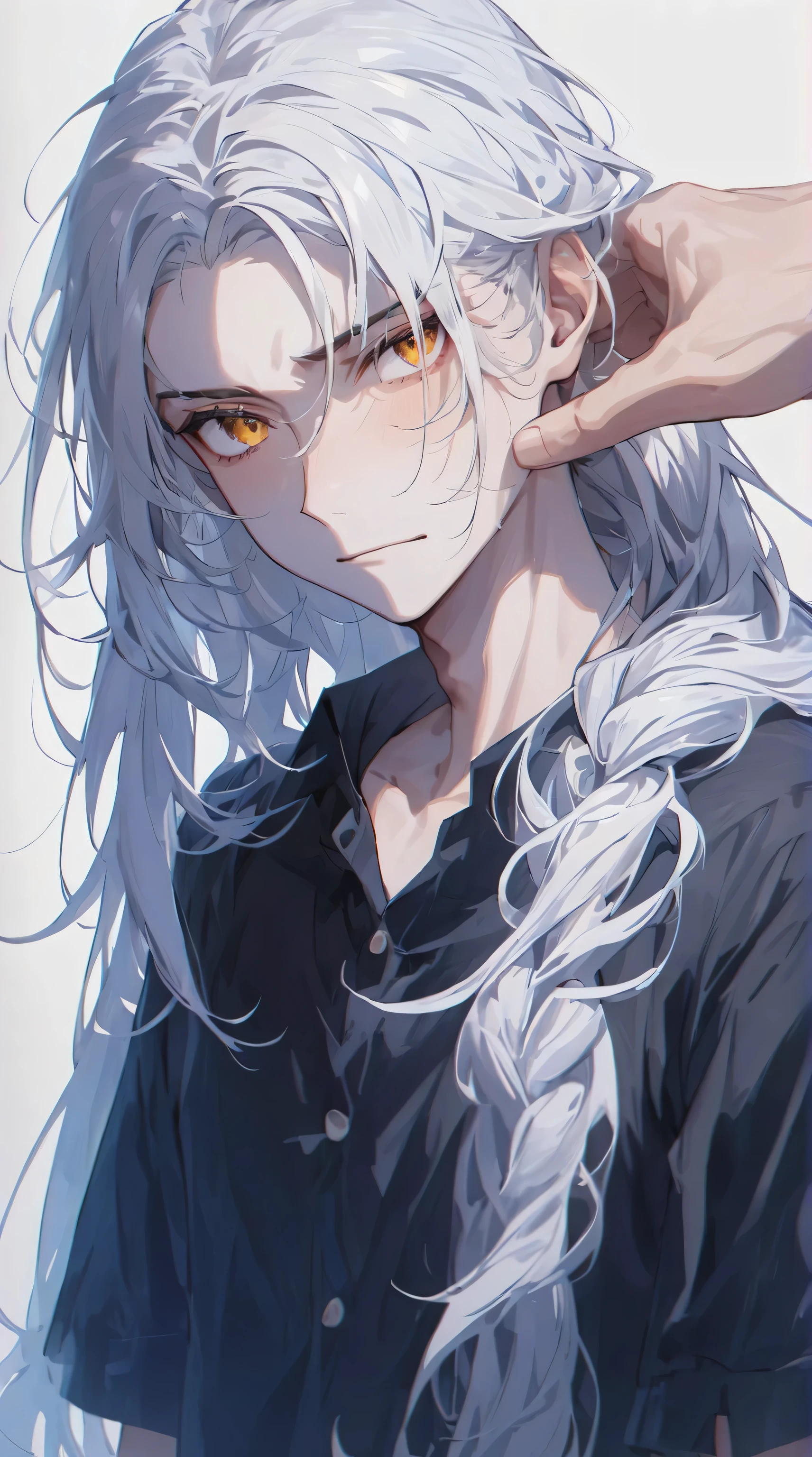 beautiful young man, long white hair, ponytail, yellow eyes, Embarrassed and sullen expression,high quality, Amount to draw, pixiv illustration