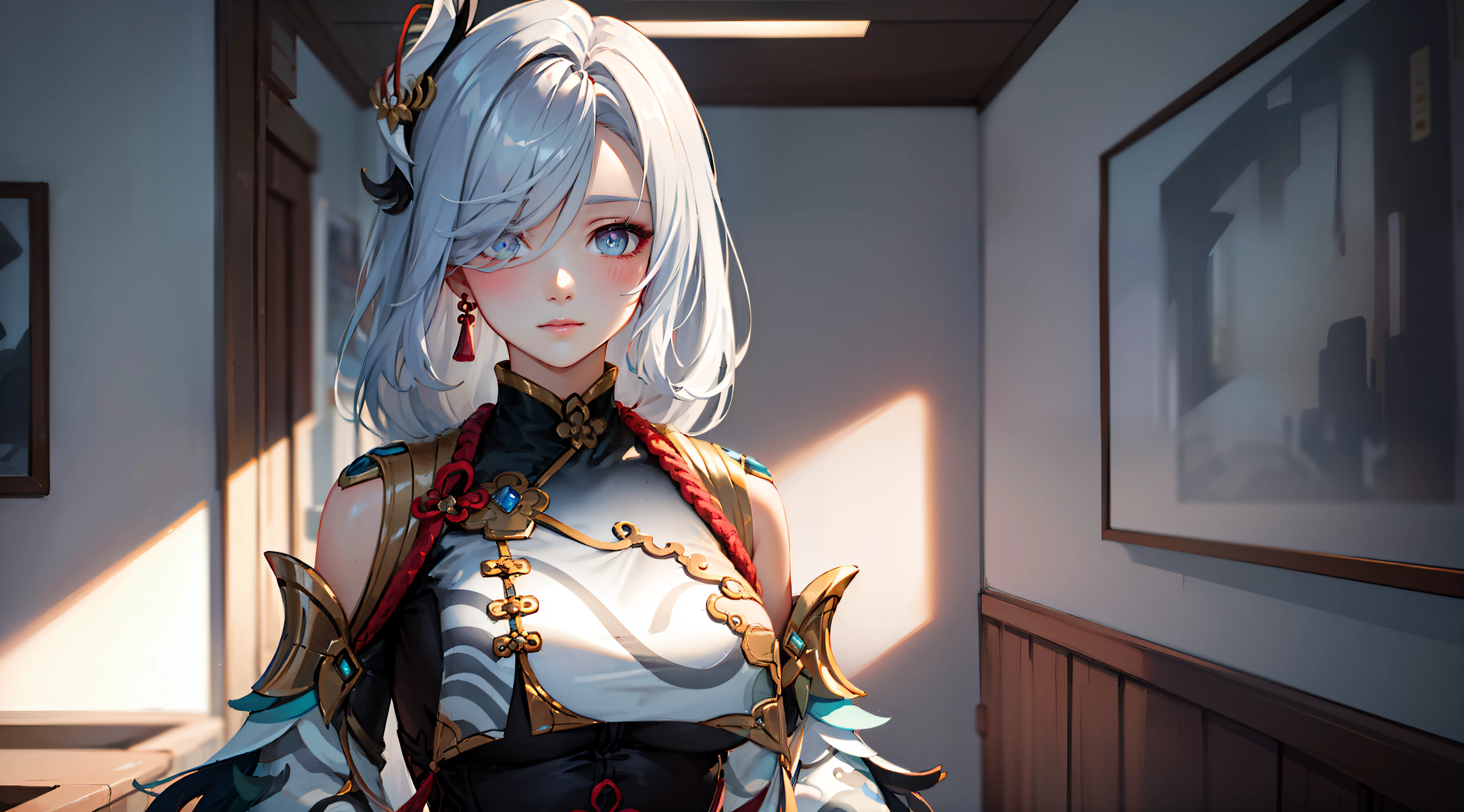 electrician girl, electrician suit, upper body, seductive look, blush, indoors, in office, looking at viewer, cloudy, moody lighting, (perfect detail eyes:1.2), glowing eyes, (long hair:1.2), elemental skill effect, (Masterpiece, Best Quality, High Quality:1.4), professional artwork, Intricate Details, field of view, sharp focus, detailed painting, photorealistic lighting, trending on pixiv, (vivid lighting, vibrant colors:1.05), realistic shadows, ambient occlusion, (athletic body:1.3), mature woman, 30yo, shenhe, hyperdetail eyes, beautiful eyes, (((solo:1.4))), semi-realistic hair, shenhe \genshin\,