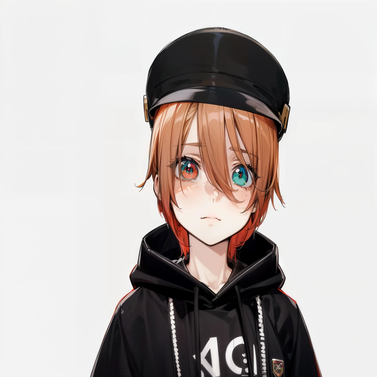 ((Masterpiece)), ((best quality)), (Anime:1.5), (RAW photo:1.2), (High Definition:1.3), (Professional Photography:1.2), ((12 years old)), Anime boy wearing a black hat and black hoodie, ((mismatched pupils)), right eye of green, left eye of red,