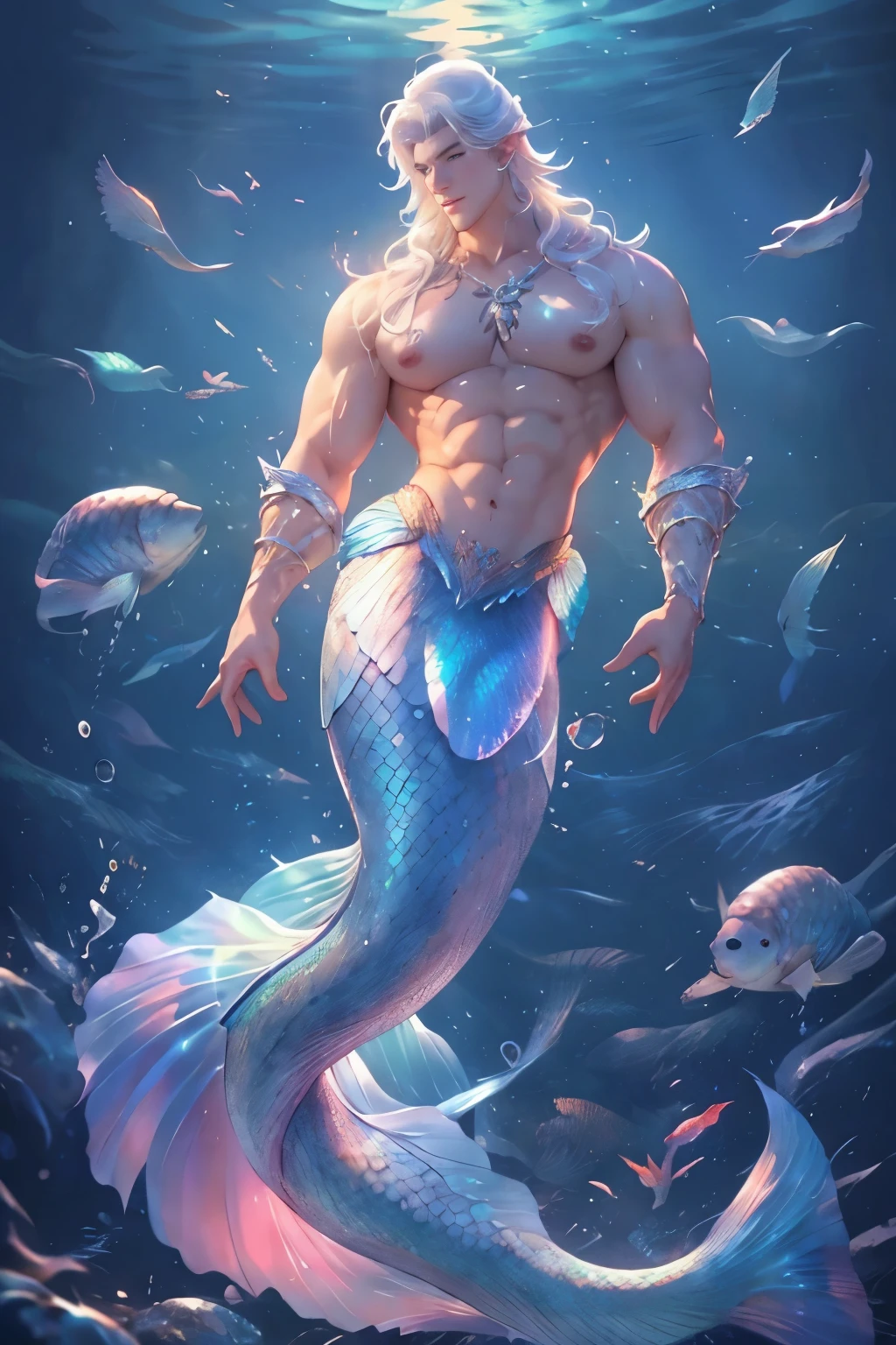 1 male mermaid, (male mermaid model) hot skin, masterpiece, top quality, most handsome merman in the world, by Tham Quan, perfect body, beautiful male model, attractive male lead 20- 25 perfect age, white hair, summer, sea water, blue sky, white clouds, solid and handsome young merman, UHD, 8k, Men's screen only .8k Ultra HD, DSLR, low light, high quality, film grain, Fujifilm XT3, men's fin