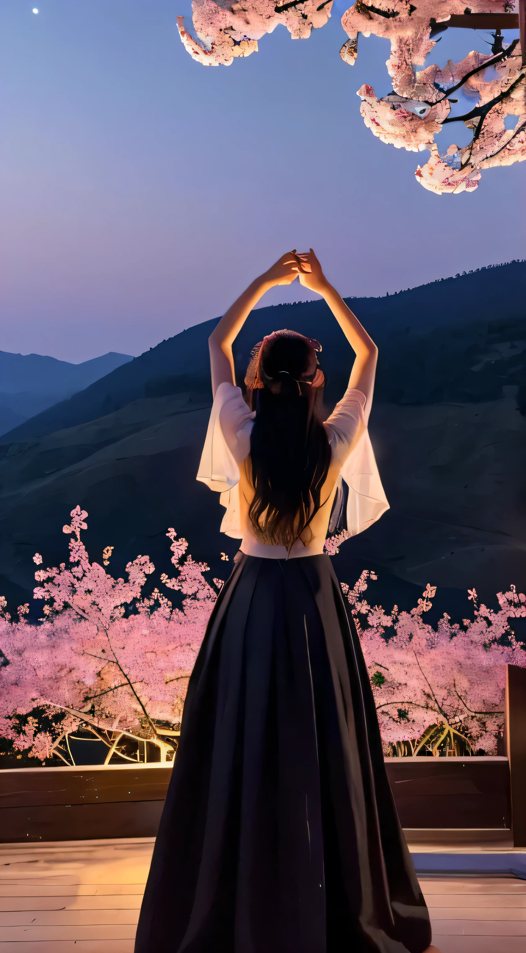 Amidst the tranquil night, a masterpiece of art unfolds as a woman, with long black hair cascading down her shoulders, stands before a breathtaking scene. The mountain range in the background, bathed in the soft glow of the full moon, reaches new heights of beauty, each peak and ridge expertly defined and textured. Fireflies dance around her, adding a theatrical element to the already enchanting tableau. Stars twinkle in the sky, their light reflecting off the woman's high-quality, beautifully graphic attire. A mysterious cherry blossom tree, its pink leaves in full bloom, stands majestically near her, the