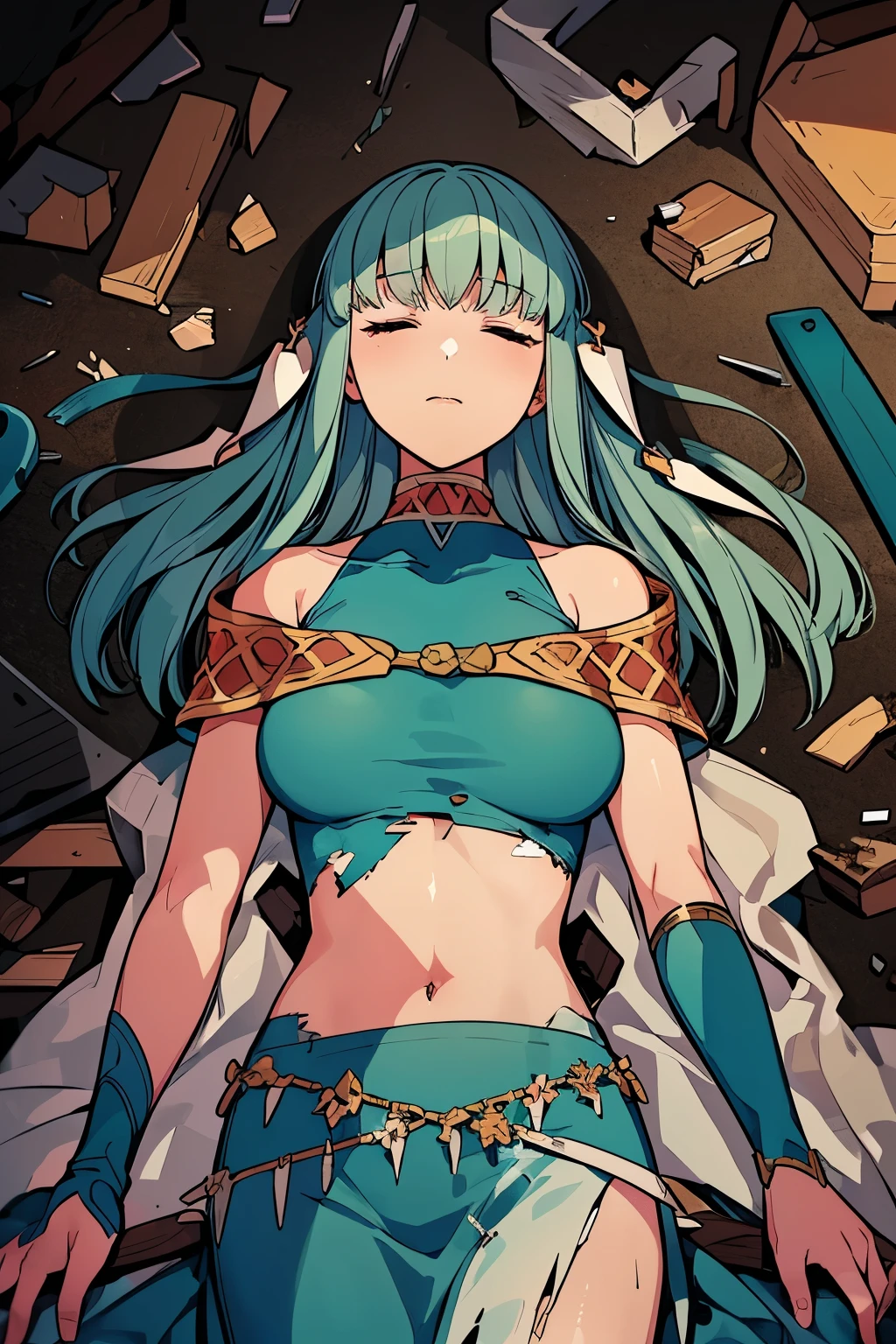 Ninian is lovingly languid in a crater after losing a tough battle, lieing lifeless and inert on debris, rubble, and weapons with torn pieces of fabric out of her dress. Her blue dress was torn completely in the midriff section, arm pieces and jewelry trashed, and Ninian was thrashed, which caused many nicks and tears in what remains of the dress. She cannot move from her prone position lieing on her back, unable to open her eyes or breath. (Ninian), (blue hair, blue eyes, large shapely breast, long hair, clammy and damp face), (Dress), (long blue drenched dress, bare shoulders, more small jewlery, ripped and torn dress, midriff section has been torn anfd burned off, languid in a dark grey murky field, anguished facial expression, closed eyes) (anguished closed eyes:1), (Ninian languid, prone on her back, defeated in rubble and weapons and metal shards on top of her:1.5), Ninian is listless and motionless in a dark grey foggy field:1.0, Ninian is sullied and dirty:1.2, ( Ninian lieing in debris and broken metal pieces:1.0), inside has rubble and many pieces of broken spears, blades, and shields covering Ninian, (4K quality, high quality, 4k quality Ninian and dress:1.0), (solo, one person, 1girl:1.5), ninian fe, red eyes, long dress, jewelry, dancer