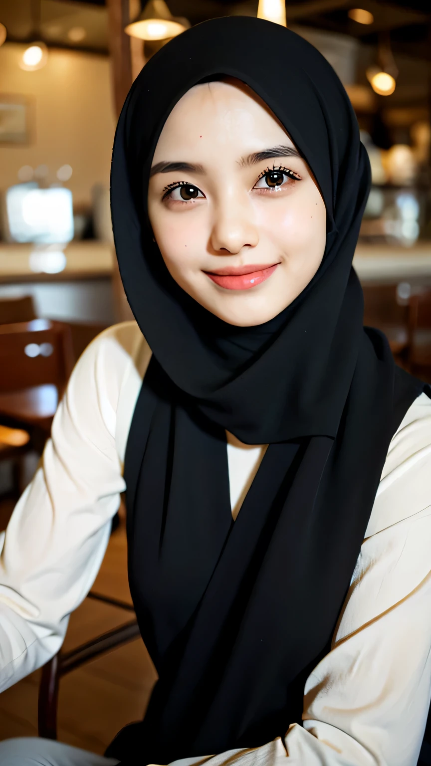 ((best quality)), ((masterpiece)), perfect face, sits in cafe, indonesia, hijab, sharp nose, smile, half body