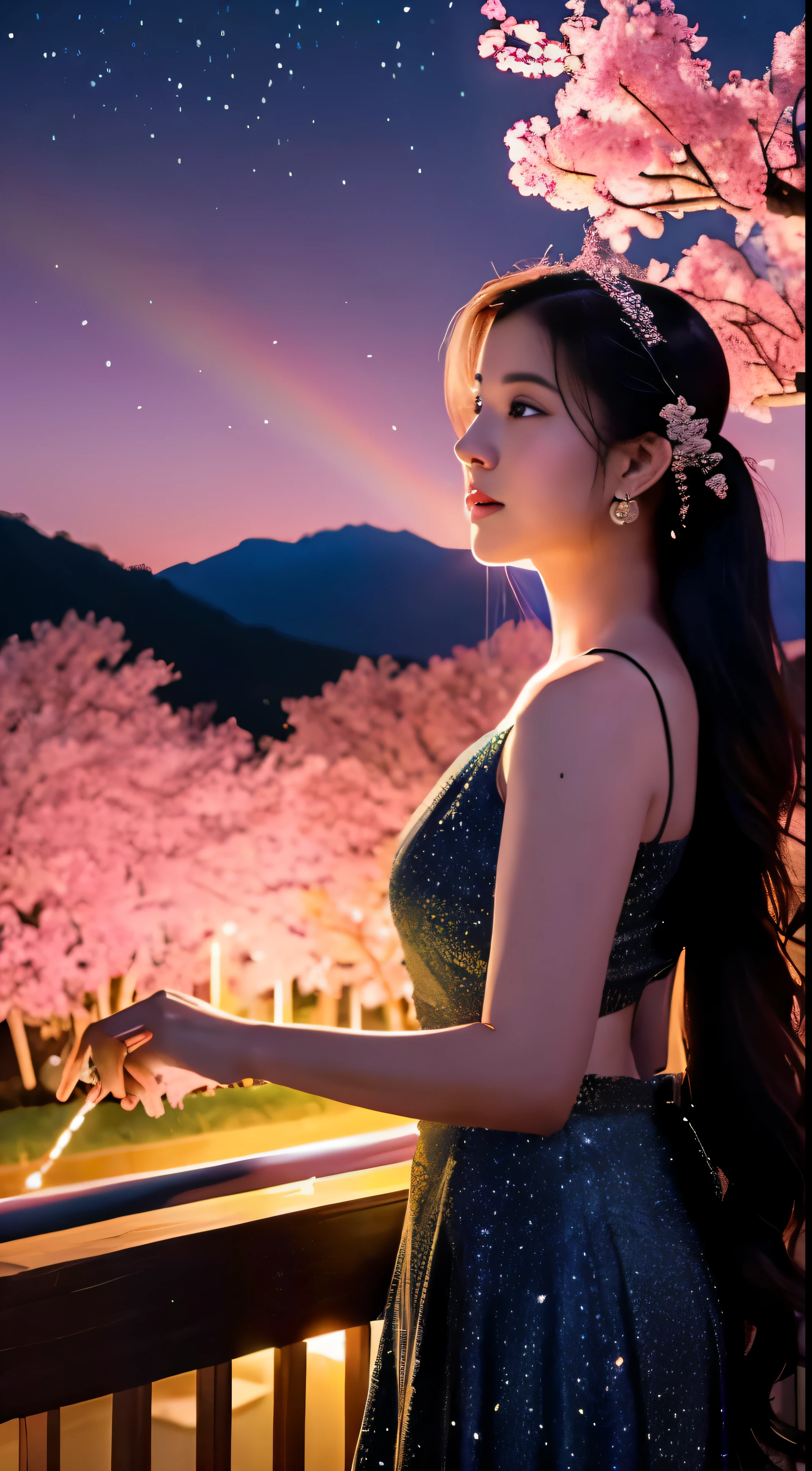 Amidst the tranquil night, a masterpiece of art unfolds as a woman, with long black hair cascading down her shoulders, stands before a breathtaking scene. The mountain range in the background, bathed in the soft glow of the full moon, reaches new heights of beauty, each peak and ridge expertly defined and textured. Fireflies dance around her, adding a theatrical element to the already enchanting tableau. Stars twinkle in the sky, their light reflecting off the woman's high-quality, beautifully graphic attire. A mysterious cherry blossom tree, its pink leaves in full bloom, stands majestically near her, the