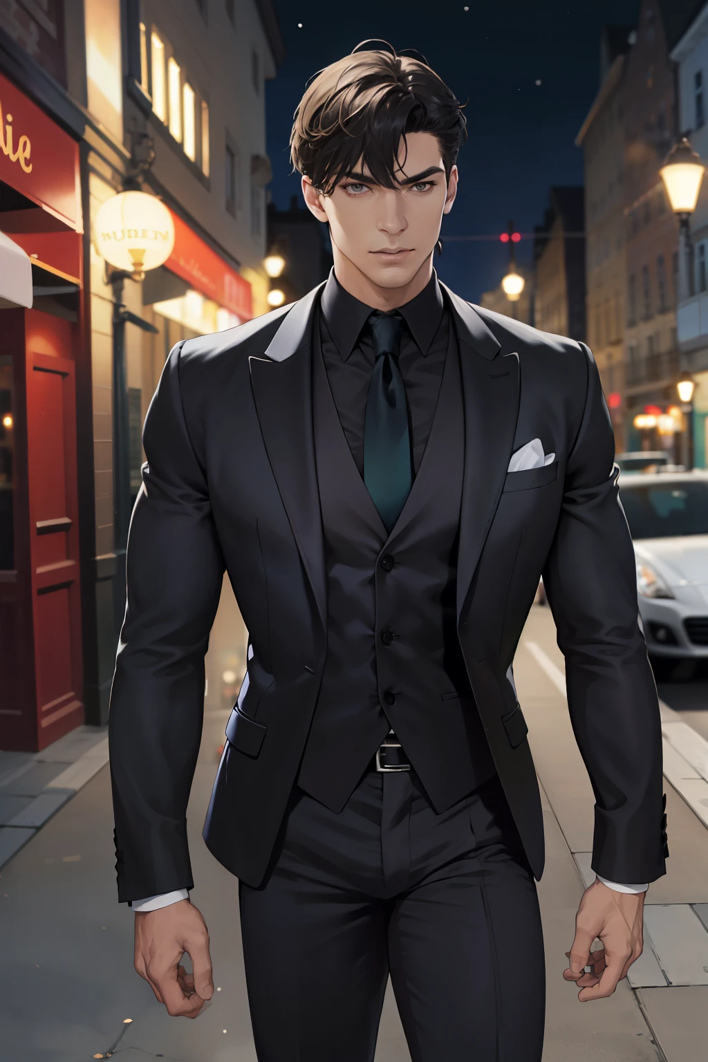 (absurdes, high resolution, Ultra detailed, Realistic, ), 1 male, seulement, adulte, mature, grand gars musclé, broad shoulders, beau, cheveux très courts, cheveux noirs, yeux marrons, angular jaw, thick neck, thick eyebrows, nuit, Sombre, the nuit view of the city background, costume formel, cravate, haut du corps