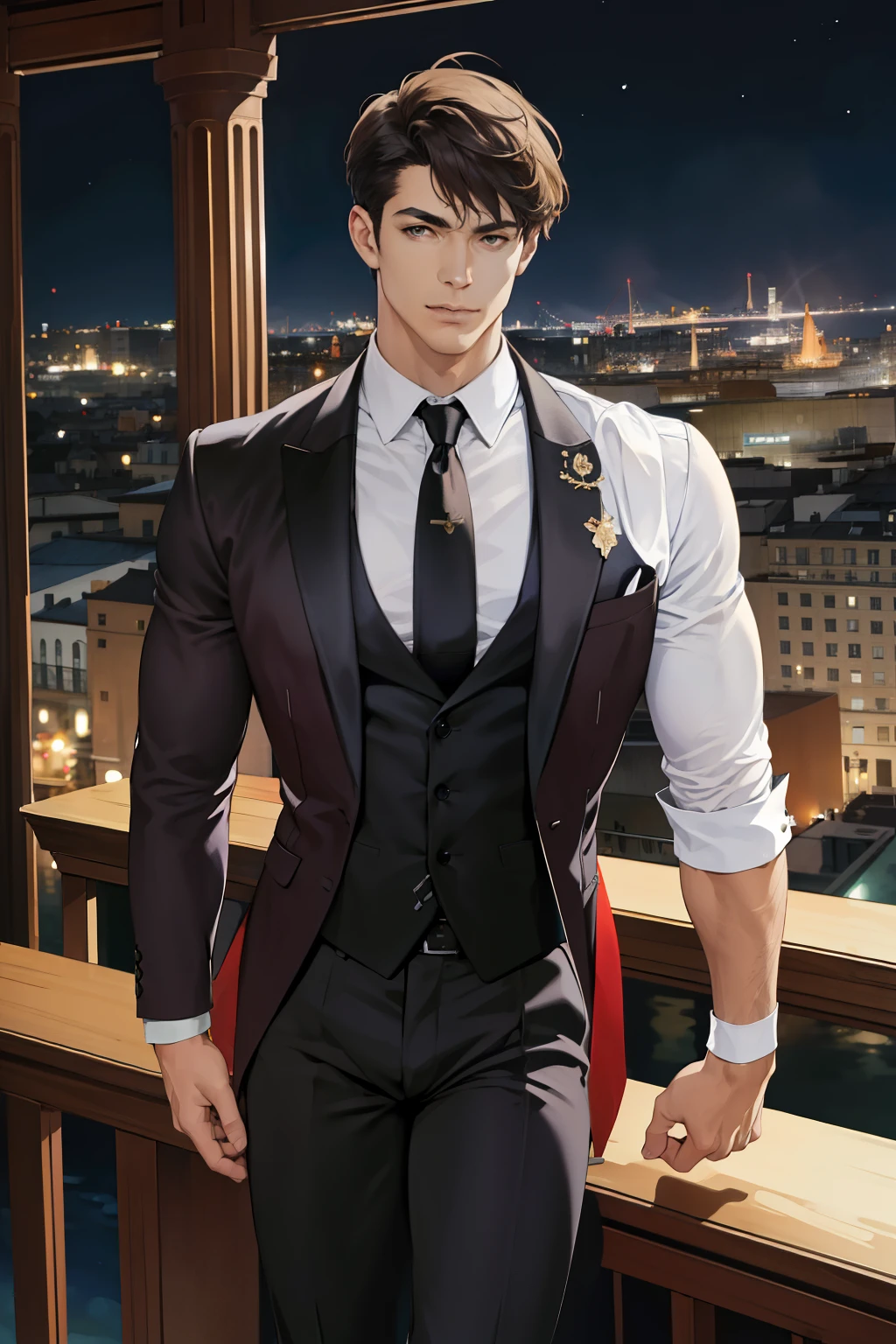 (absurdes, high resolution, Ultra detailed, Realistic, ), 1 male, seulement, adulte, mature, grand gars musclé, broad shoulders, beau, cheveux très courts, cheveux noirs, yeux marrons, angular jaw, thick neck, thick eyebrows, nuit, Sombre, the nuit view of the city background, costume formel, cravate, haut du corps