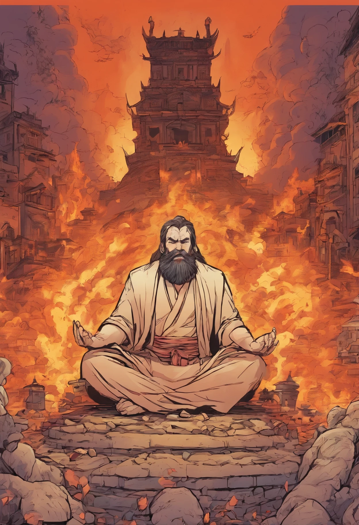 A MEN MEDITATING IN HELL WHILE BUILDINGS AROUND HUM BURN AND DEMONS ROAR