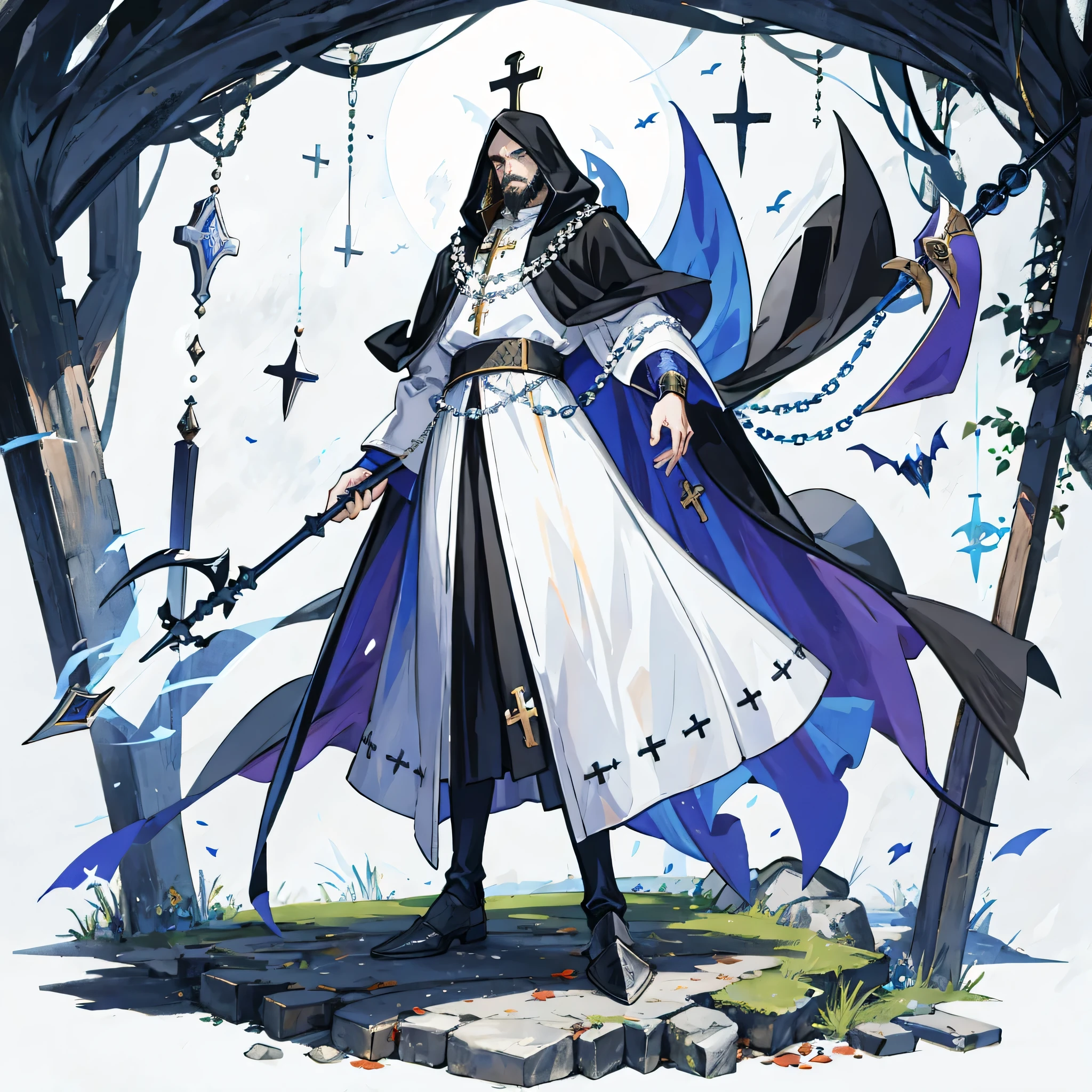 one man, 70 year old mage with a full beard, black hair, black beard, with white cloak, In full medieval plate armor, white cloak, vampire hunter d style, flat, 2D, full body shot, rosary for necklace, catholic, cool pose, gauntlet, medieval staff,full body,whole body,