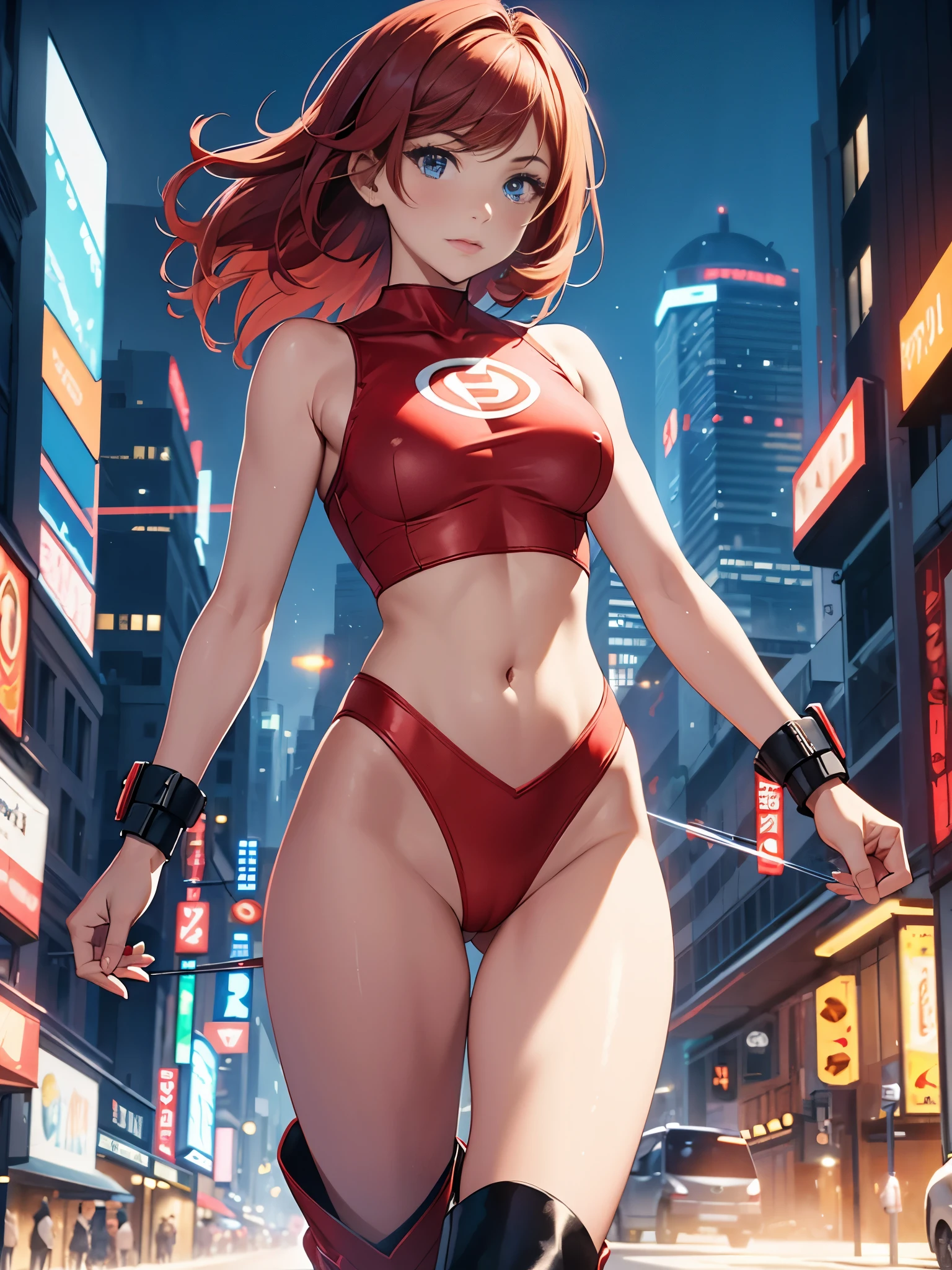 masterpiece, best quality, 1girl, medium breasts, leotard, red leotard with white accents, (sleeveless, midriff), bare legs, boots, matching boots, bracelets, city backdrop, solo, single, standing, full body shot, cowboy shot, beautiful detailed eyes, red hair, short hair, bob hair, superhero, glow, powering up, light particles