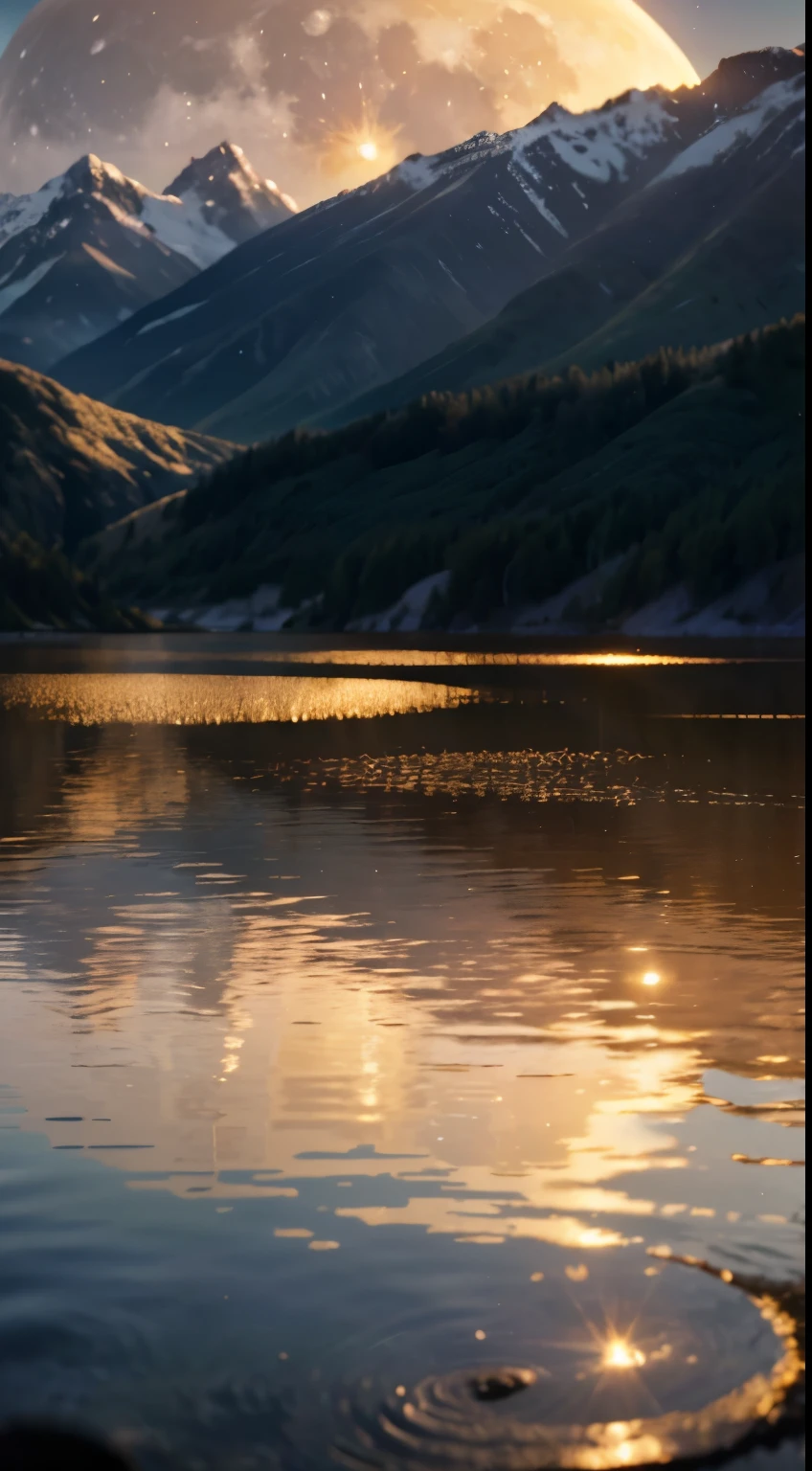 Behold the masterpiece of a digital art piece, meticulously crafted in 8K resolution with high dynamic range (HDR) and photorealistic qualities. The image features a serene landscape, where the sun sets over a tranquil body of water illuminating the moon with its golden rays. The sun's reflections on the moon's surface are intricately detailed, revealing every tiny crater and groove. The depth of field effect adds to the breathtaking view, with the foreground in sharp focus and the background gradually blurring out. The entire scene is incredibly detailed, boasting textures that almost jump off the screen. The image is so lifelike that it feels