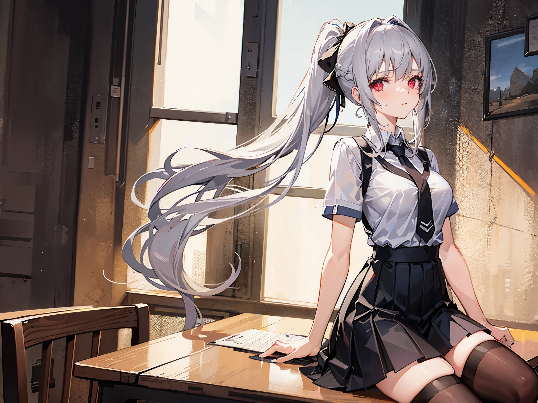 4K image of a young woman with gray hair, , large breasts, red eyes, long ponytail style hair, green braid tied in a bow on the left...,, wearing a short-sleeved white shirt with a net. A tie, a short black skirt, wearing stockings, wearing earrings, sitting in the classroom. With a hateful expression on his face.