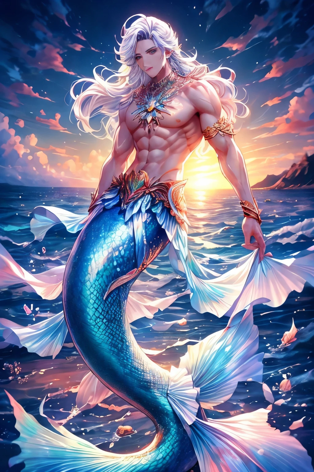 1 male mermaid, (male mermaid model) hot skin, masterpiece, top quality, most handsome merman in the world, by Tham Quan, perfect body, beautiful male model, attractive male lead 20- 25 perfect age, white hair, summer, sea water, blue sky, white clouds, solid and handsome young merman, UHD, 8k, Men's screen only .8k Ultra HD, DSLR, low light, high quality, film grain, Fujifilm XT3, men's fin