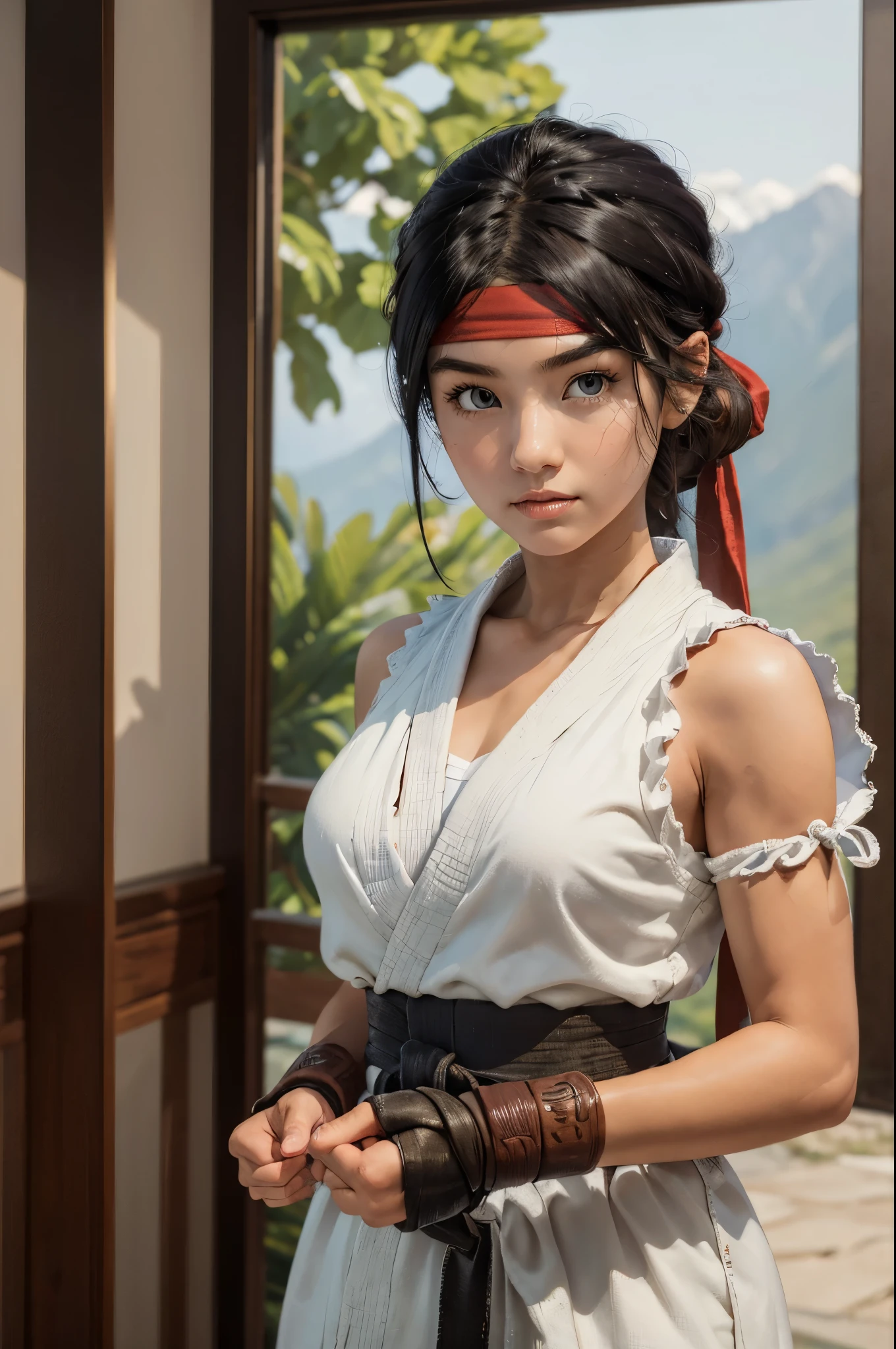 (masterpiece, best quality:1.2), expressive eyes, perfect face, highres, 1girl, solo, ryu \(sf\), (female:1.5), black hair, long hair, dougi, fingerless gloves, headband, standing, portrait, looking at the viewer