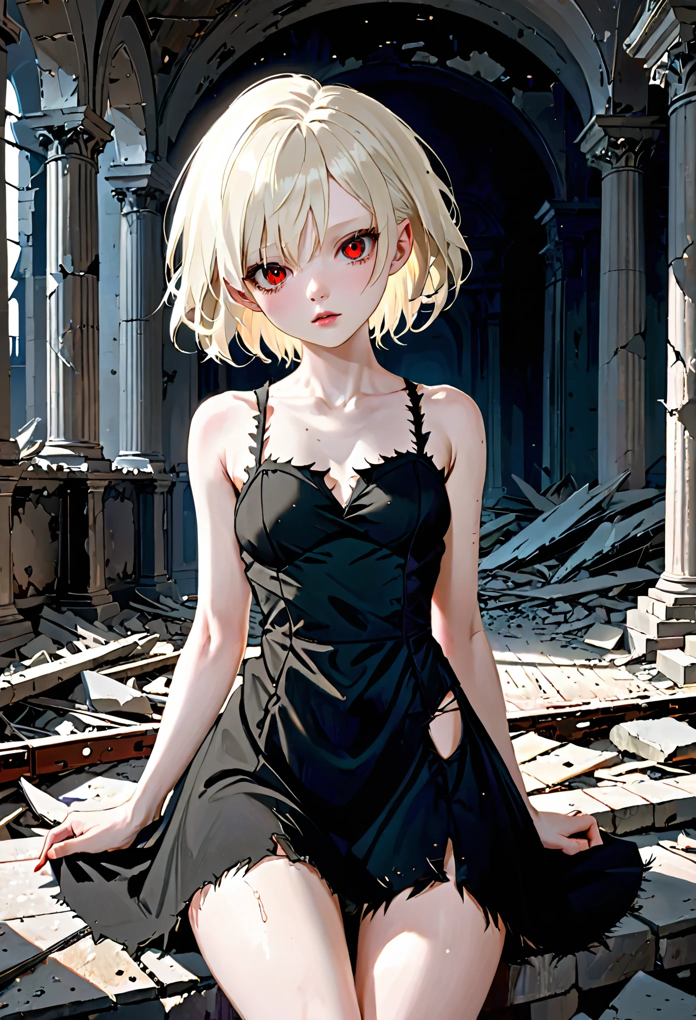 fit albino girl, impish, beautiful face, perfect red eyes, unfriendly, thighs, tattered frayed dress, night, modern ruins, indoors, very detailed