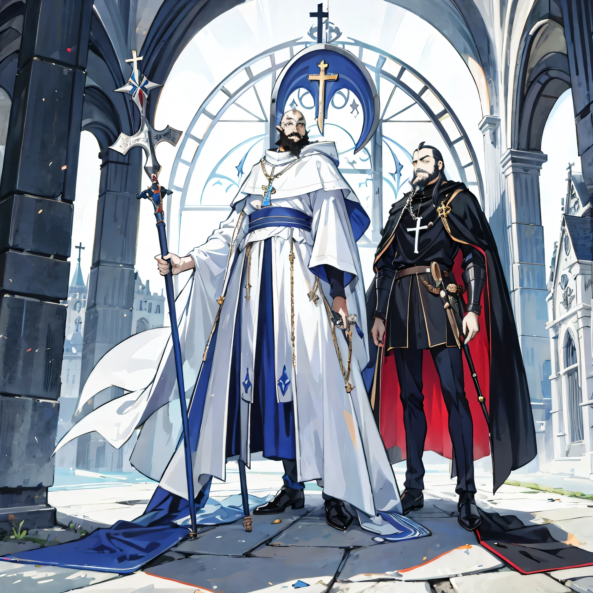 one man, 70 year old mage with a full beard, black hair, black beard, with white cloak, In full medieval plate armor, white cloak, vampire hunter d style, flat, 2D, full body shot, rosary for necklace, catholic, cool pose, gauntlet, medieval staff,full body,whole body,