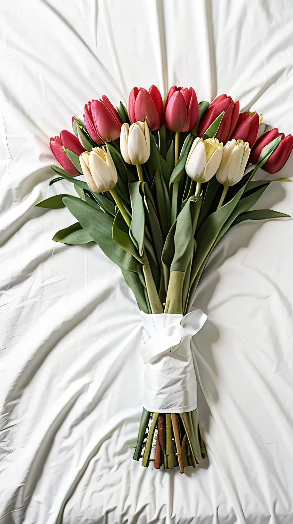 Bouquet of tulips on a bed with a white sheet closed