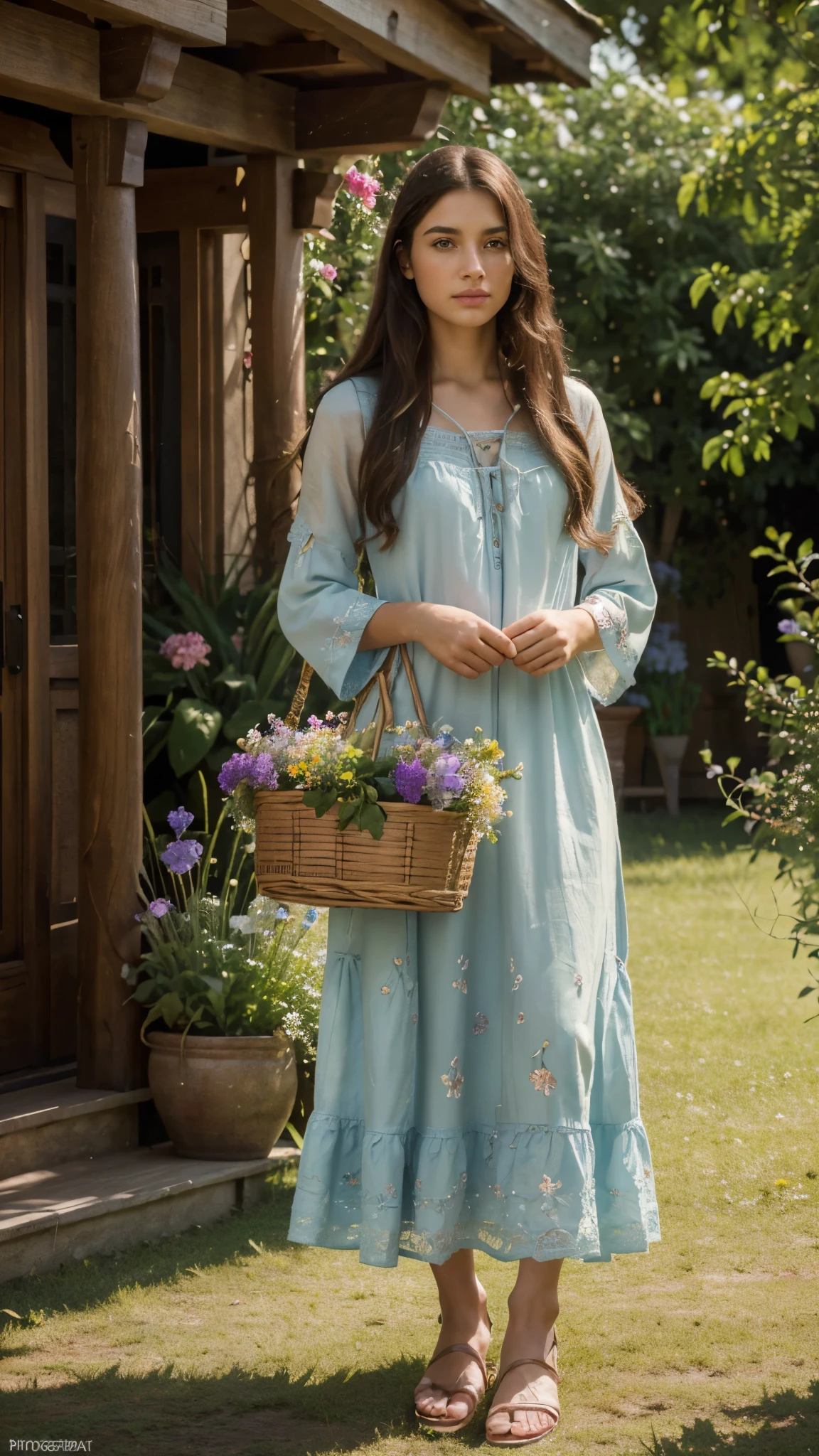 (best quality,4k,highres,masterpiece:1.2),ultra-detailed,(realistic,photorealistic,photo-realistic:1.37),fantasy world,young man,detailed features,soft and delicate skin,mesmerizing eyes,pouty lips,dark and flowy long hair,masculine facial features,fantasy world elements,long house dress,colorful floral patterns,sandals,lush green field,vibrant flowers, holding a shopping basket, standing, gentle posture,soft natural lighting