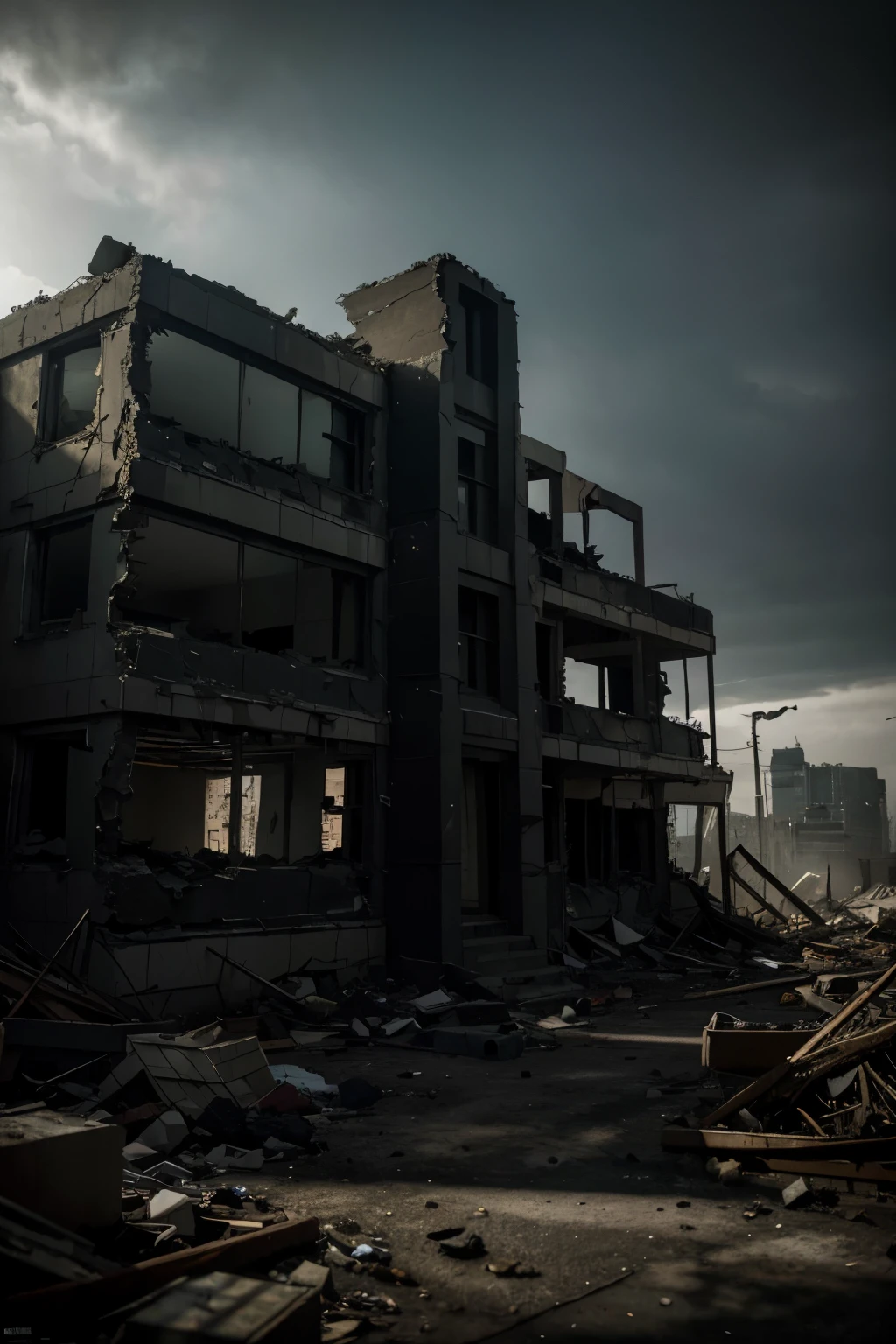 among the rubble, ambiance post-apocalyptique, play of light and shadow, dilapidated urban details, dark, contrasting tones, texture granuleuse, cinematographic composition, atmosphère mystérieuse et captivante. (best quality, highres), [bright colors], [haunting], [dramatic lighting]