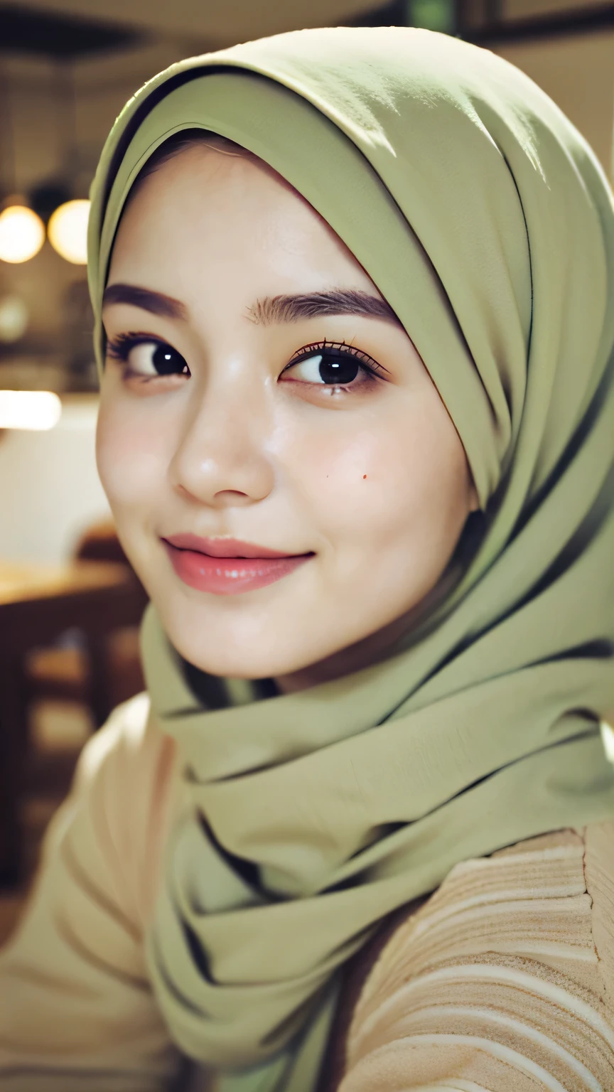 adorable, 1 girl, (face to face), , baby face, happy, half body portrait, (face details: 1), (eye details: 1), ((big breasts)). wearing transparent green long shirt, hijab, .. Cute posed. proportional body. Ultra High Res. realistic: 1.4, UHD, floral pattern