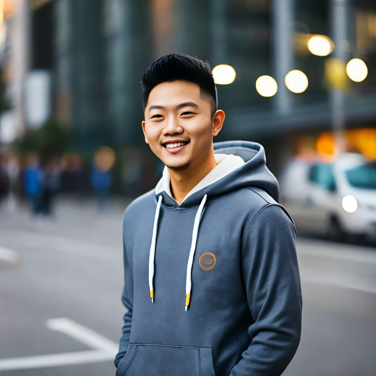 an asian man, standing, smiling, hoody, jeans, sneakers, soft focus, bokeh background