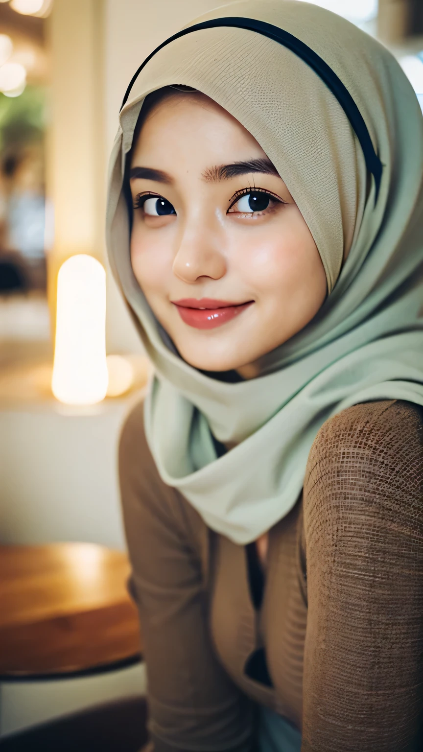 ((best quality)), ((masterpiece)), perfect face, sits in cafe, indonesia, hijab, sharp nose, smile, half body, decoration on head