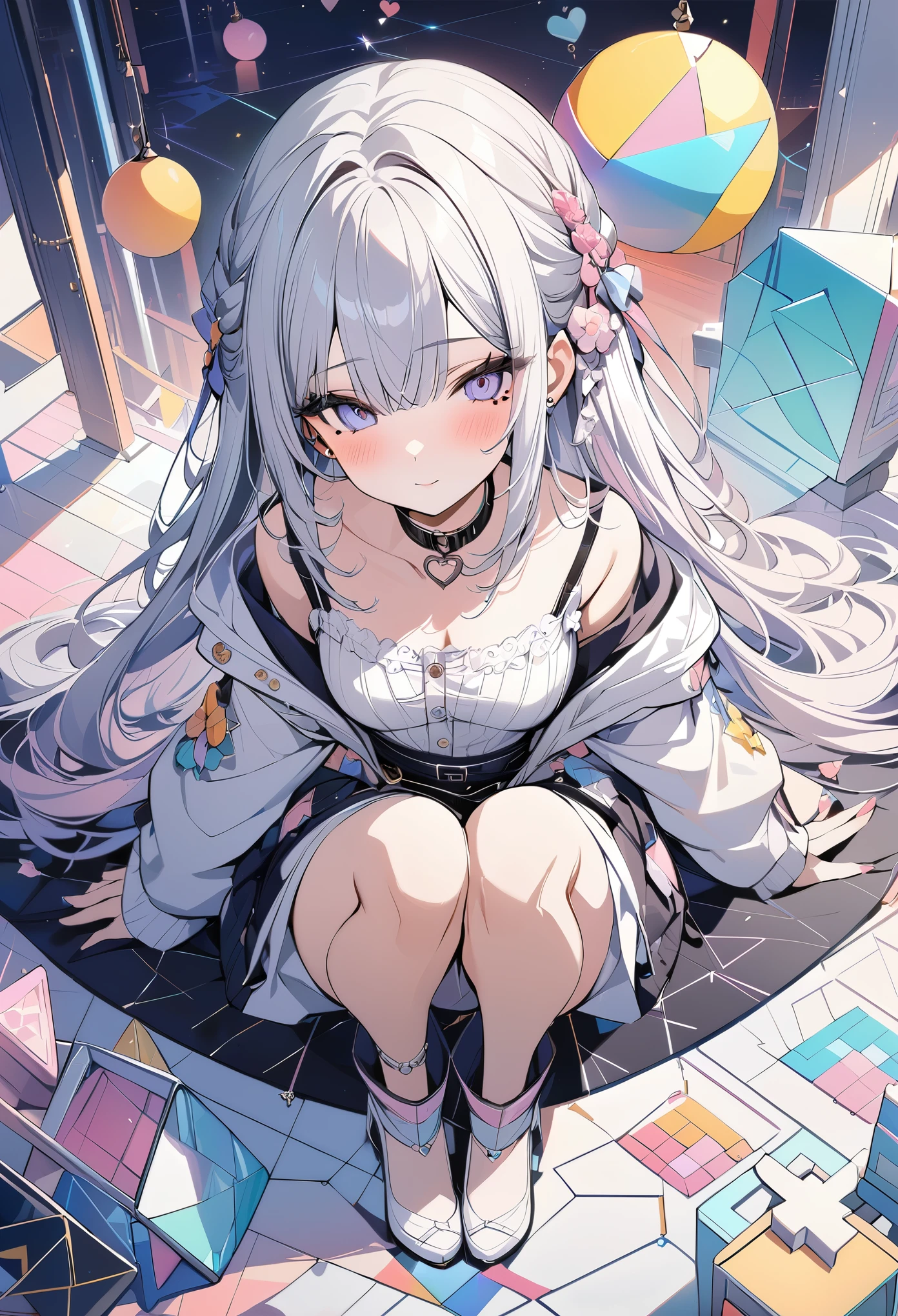 ,beautiful flower々),mole under eye, heart shaped choker, (masterpiece, highest quality), official art, beautiful and aesthetic: 1.2), (1 girl), very detailed, (geometry art: 1.3), colorful