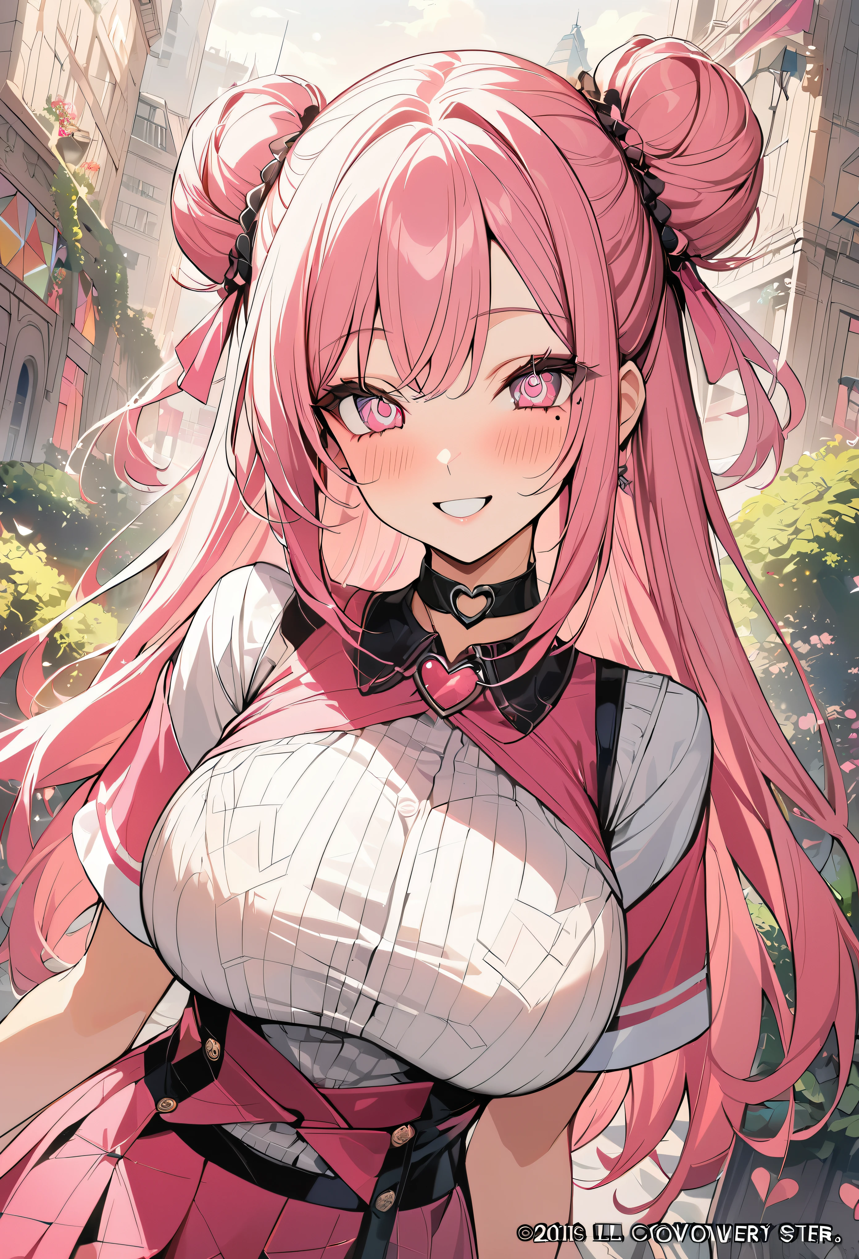 1 girl, pink long bun hair, heart shaped eyes, ♡, big breasts, Stewardess clothes, {girl with pink long bun hair named Nami}, (Pink eye color), {downtown}, (smile), bright background , mole under eye, heart shaped choker, (masterpiece, highest quality), very detailed, highest quality, official art, beautiful and aesthetic: 1.2), (1 girl), very detailed, (geometry art: 1.3), colorful, most detailed ?d1 girl, pink long bun hair, Eye of the symbol, +__+, big breasts, gothic costume, {A girl with long pink bun hair named Nami}, (Pink eye color), {downtown}, (smile), bright background, (garden,beautiful flower々),mole under eye, heart shaped choker, (masterpiece, highest quality), official art, beautiful and aesthetic: 1.2), (1 girl), very detailed, (geometry art: 1.3), colorful