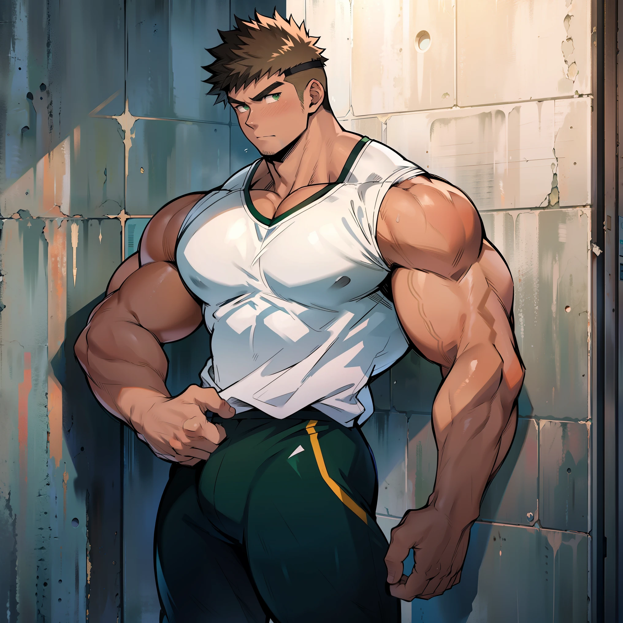 ((Kunst im Anime-Stil)), Extremely muscular male character, blasse Haut, braune Haare, Green eyes, Bodybuilder Body, wearing a sleeveless V-neck shirt, Die Figur lehnt an einer Wand. Taschen, futuristisches Stadtbild, Belebte Strecke, Building, Person WIE & Fahrzeuge. Hauptfigur aus dem Anime, Nettes Bild, Festplatte, 4k, The main character leans against a wall with his hands at face level.