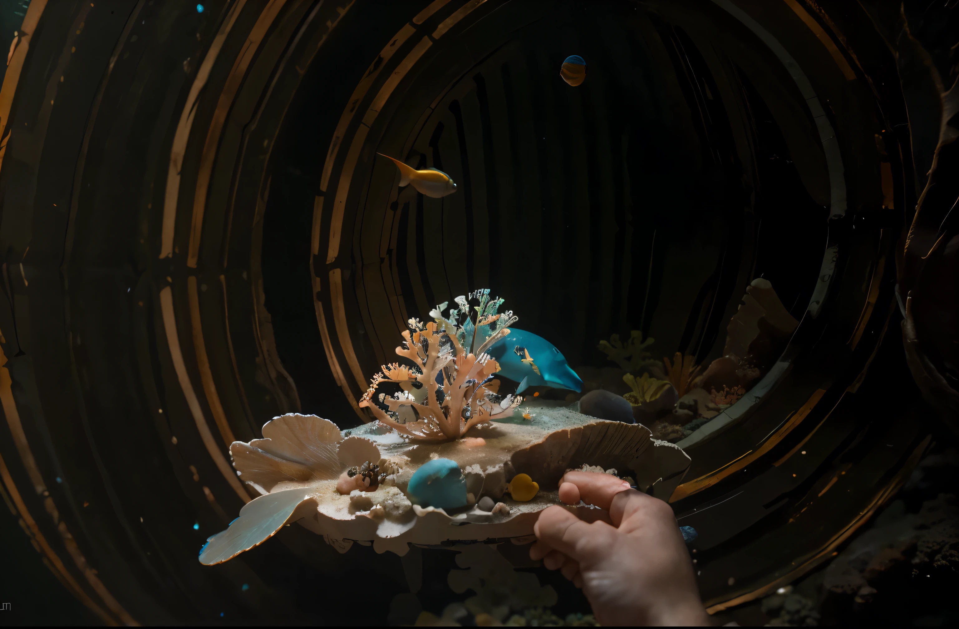 (Best quality, 8k, 32k, Masterpiece, UHD:1.2), (Best quality, 8k, 32k, Masterpiece, UHD:1.2) ,"Transform the image into an underwater aquarium scene teeming with vibrant marine life. Depict a diverse array of fish species swimming gracefully amidst colorful coral reefs and swaying underwater plants.

Fill the scene with a dazzling variety of tropical fish, including vividly colored clownfish, elegant angelfish, graceful seahorses, and majestic lionfish. Let their scales shimmer and glint in the dappled sunlight filtering through the water, creating a mesmerizing display of color and movement.

Incorporate other fascinating sea creatures into the scene, such as playful dolphins, sleek sharks, and curious sea turtles. Show them interacting with their environment, darting between coral formations and exploring hidden caves and crevices.

Capture the dynamic energy of the underwater world with swirling currents and rippling water effects. Use soft, diffused lighting to create a sense of depth and dimension, illuminating the vibrant colors and intricate details of the marine life.

Create a sense of tranquility and wonder, evoking the feeling of being immersed in an underwater paradise. This will result in a captivating artwork that transports viewers to the magical realm of the ocean depths."
