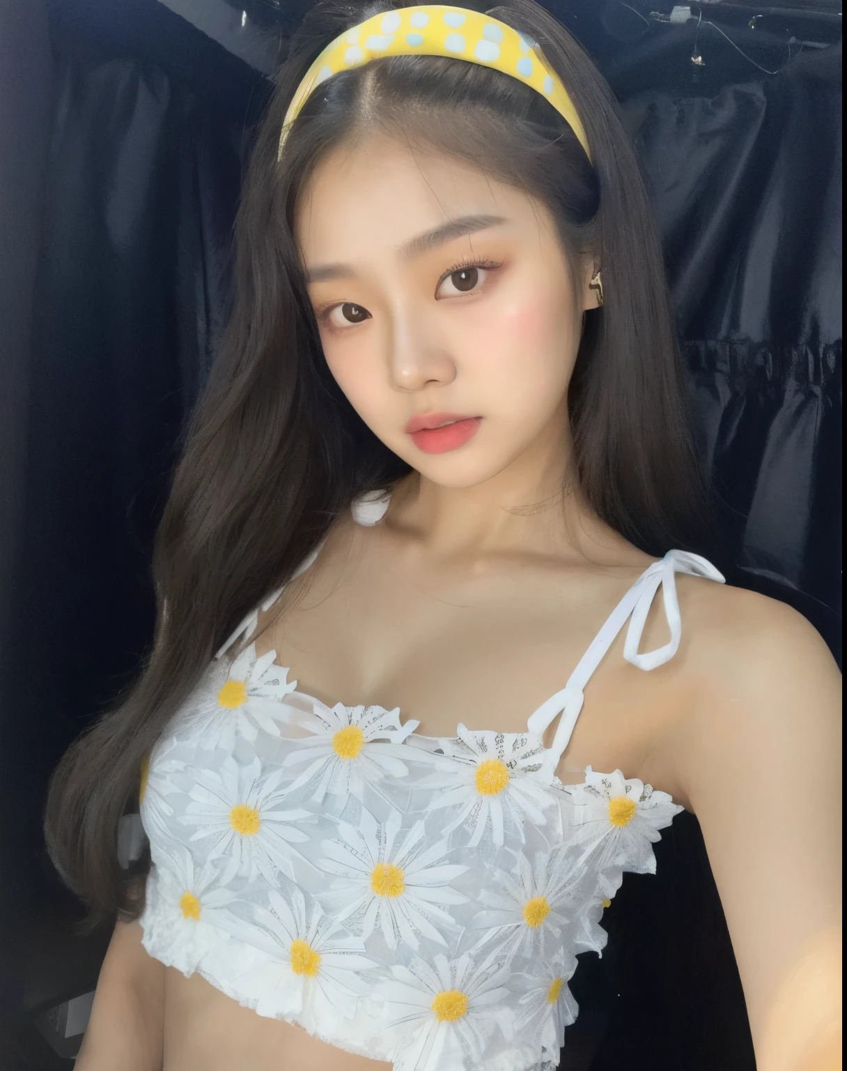 A closeup of a woman wearing a white top and a yellow headband, jennie blackpink, jaeyeon nam, jossi do blackpink, com flores, taejune kim, Ulzzang, Heonhwa Choe, Jinyoung Shin, linda mulher sul-coreana, linda jovem coreana, lalisa manobal, portrait of jossi do blackpink, adorable and pale korean face