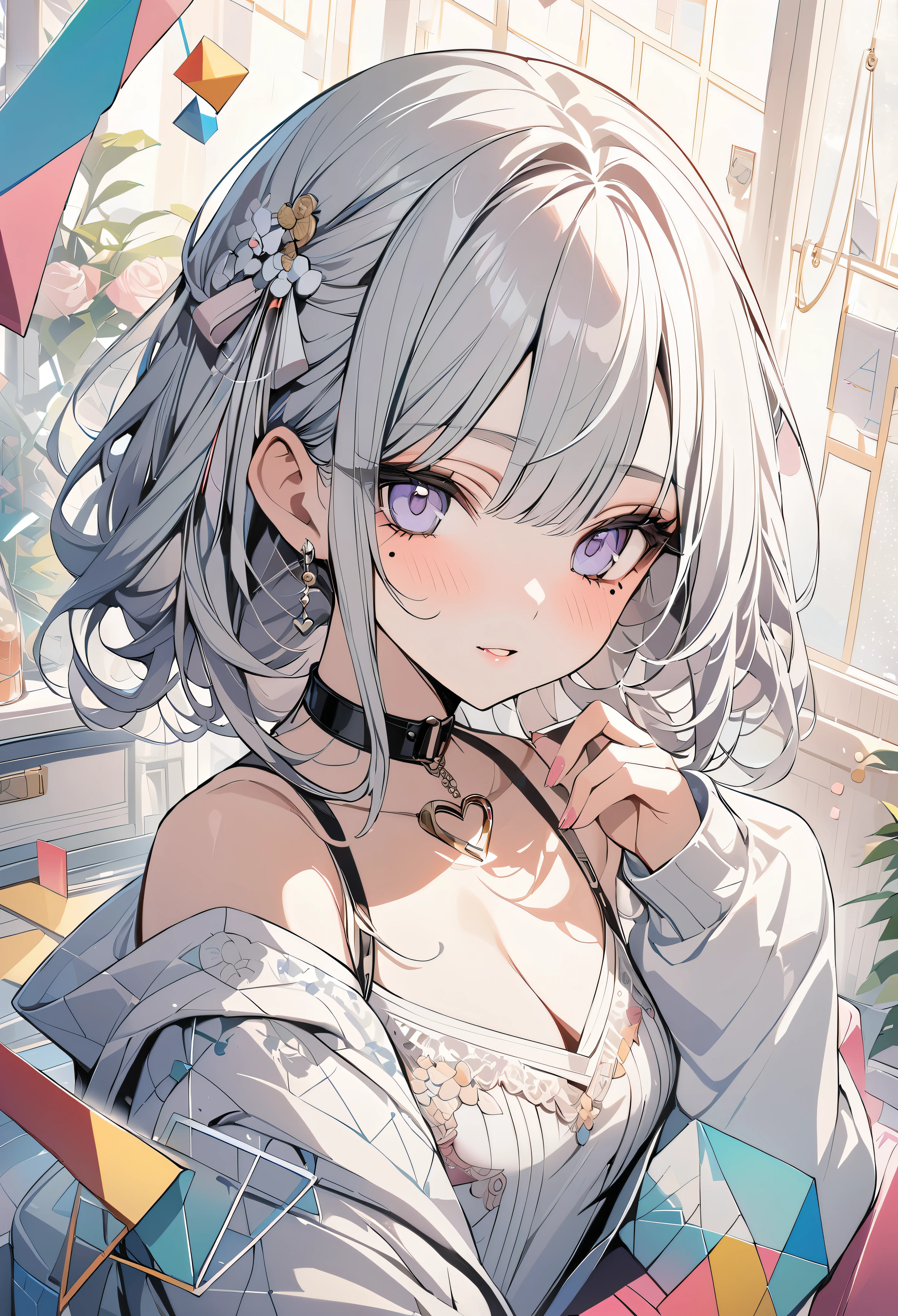 ,beautiful flower々),mole under eye, heart shaped choker, (masterpiece, highest quality), official art, beautiful and aesthetic: 1.2), (1 girl), very detailed, (geometry art: 1.3), colorful