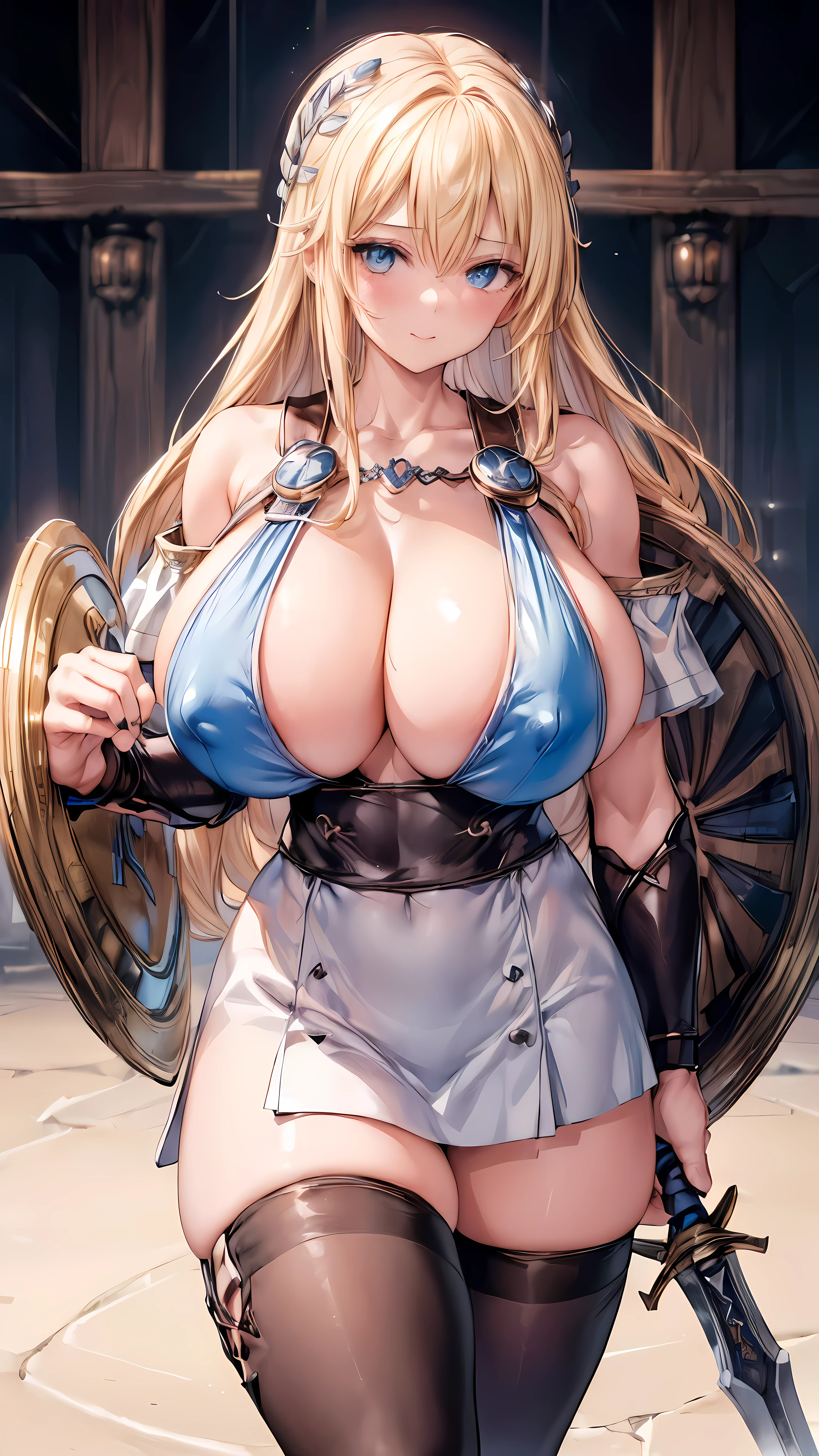 sensual, long blonde hair, thick thighs, 8K, 4k, highest quality, (High resolution:1.6), cute anime face, noise reduction, (shining blue eyes, gentle smile, kind eyes)、toned abdominal muscles, muscular arms, muscular legs, young face, anime eyes, Sophitia Alexandra、(holding a sword in the right hand:1.5)、(Equipped with a shield on the left arm:1.5)、(SFW huge body:1.8)、knee high tights