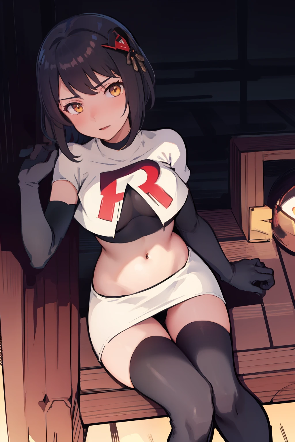 Kujou Sara Genshin, golden eyes,masterpiece, bestquality, 1girls, oversized breasts, head ornament,team rocket,team rocket uniform, red letter R, white skirt,white crop top,black thigh-highs,black elbow gloves