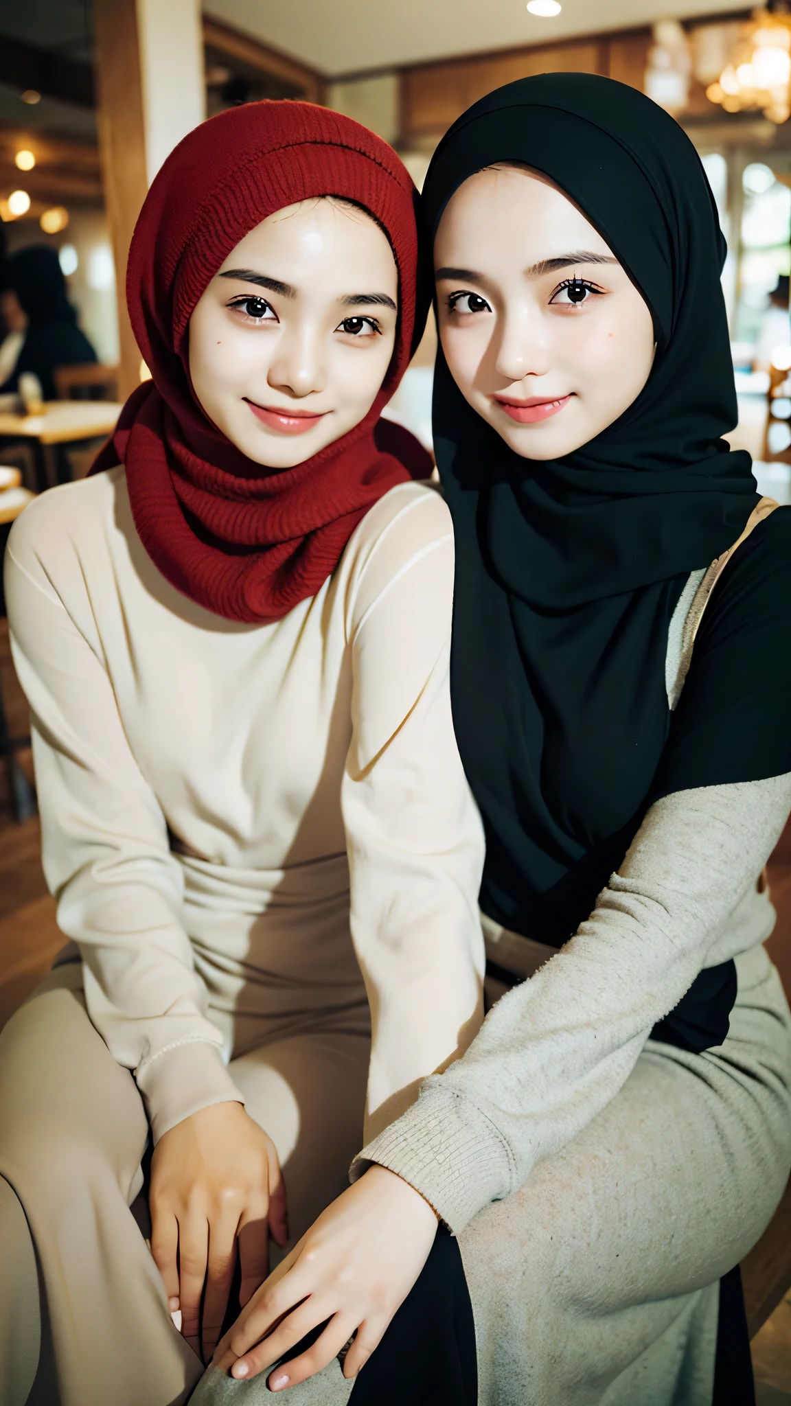 ((best quality)), ((masterpiece)), 2 girls, perfect face, sits in cafe, indonesia, hijab, sharp nose, smile, half body, decoration on head