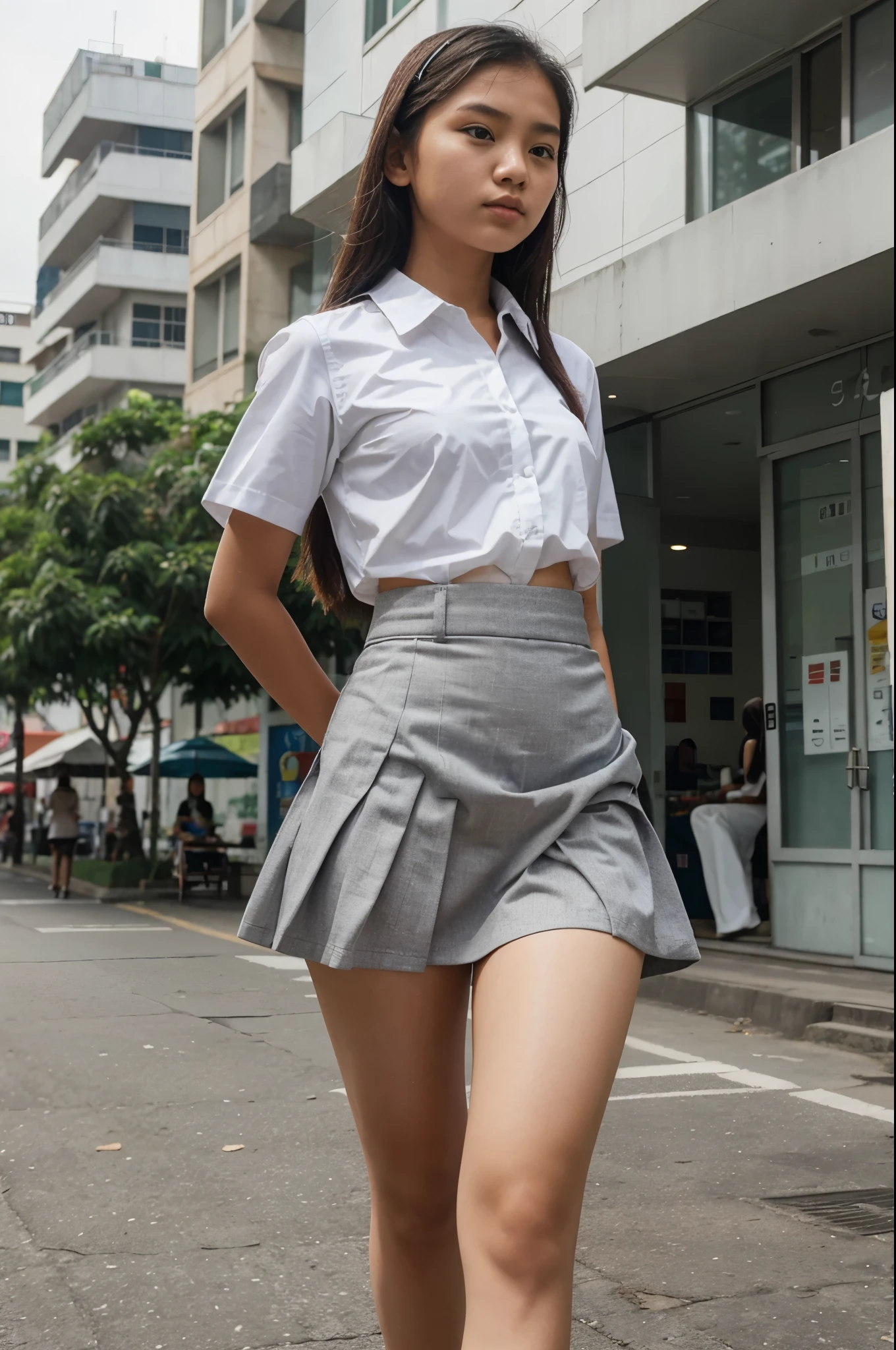 girl, beautiful Indonesian high school student, wearing a white and gray uniform, white short-sleeved shirt and short skirt is walking on the edge of the city shops