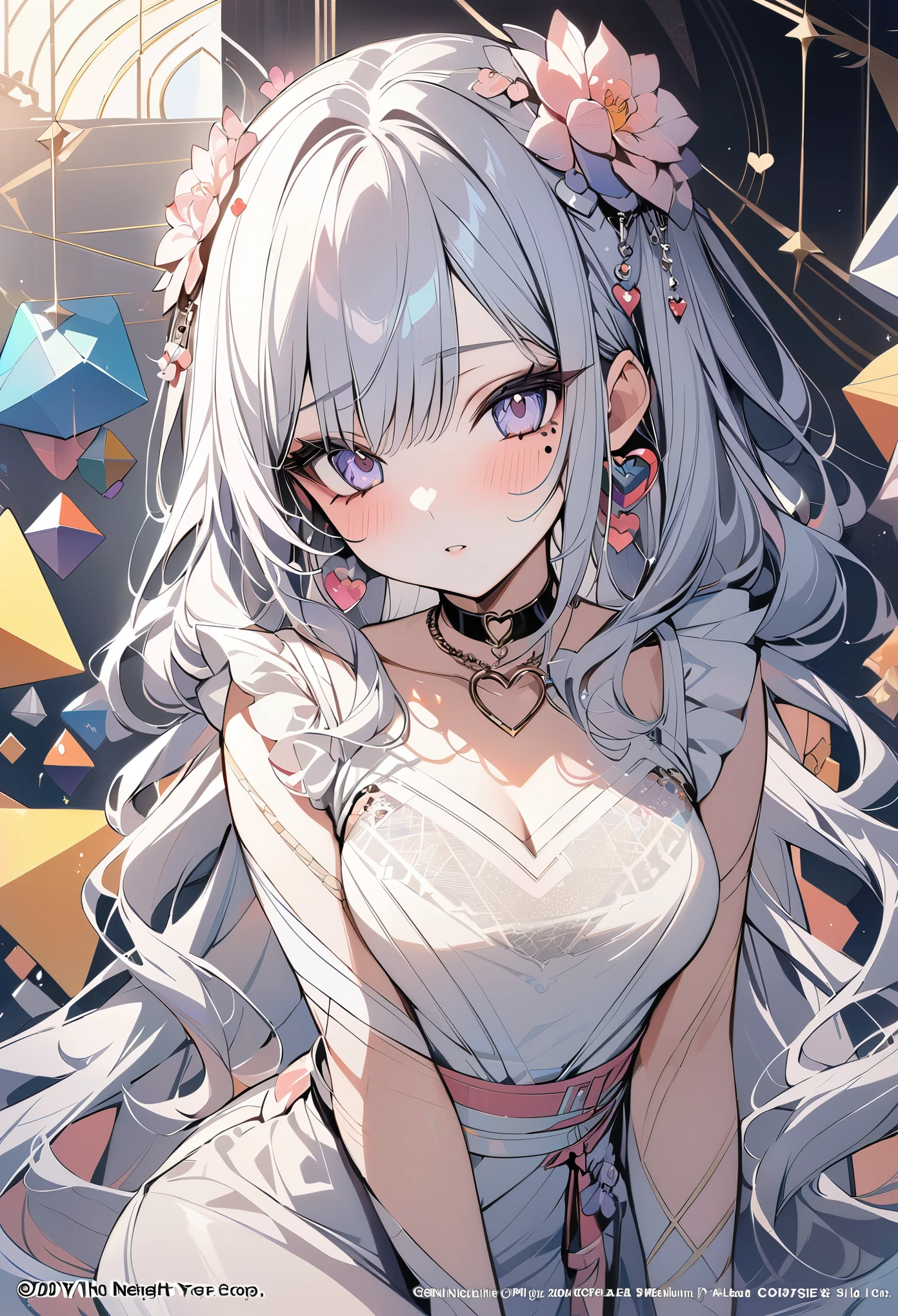,beautiful flower々）,mole under eye, heart shaped choker, (masterpiece, highest quality), official art, beautiful and aesthetic: 1.2), (1 girl), very detailed, (geometry art: 1.3), colorful