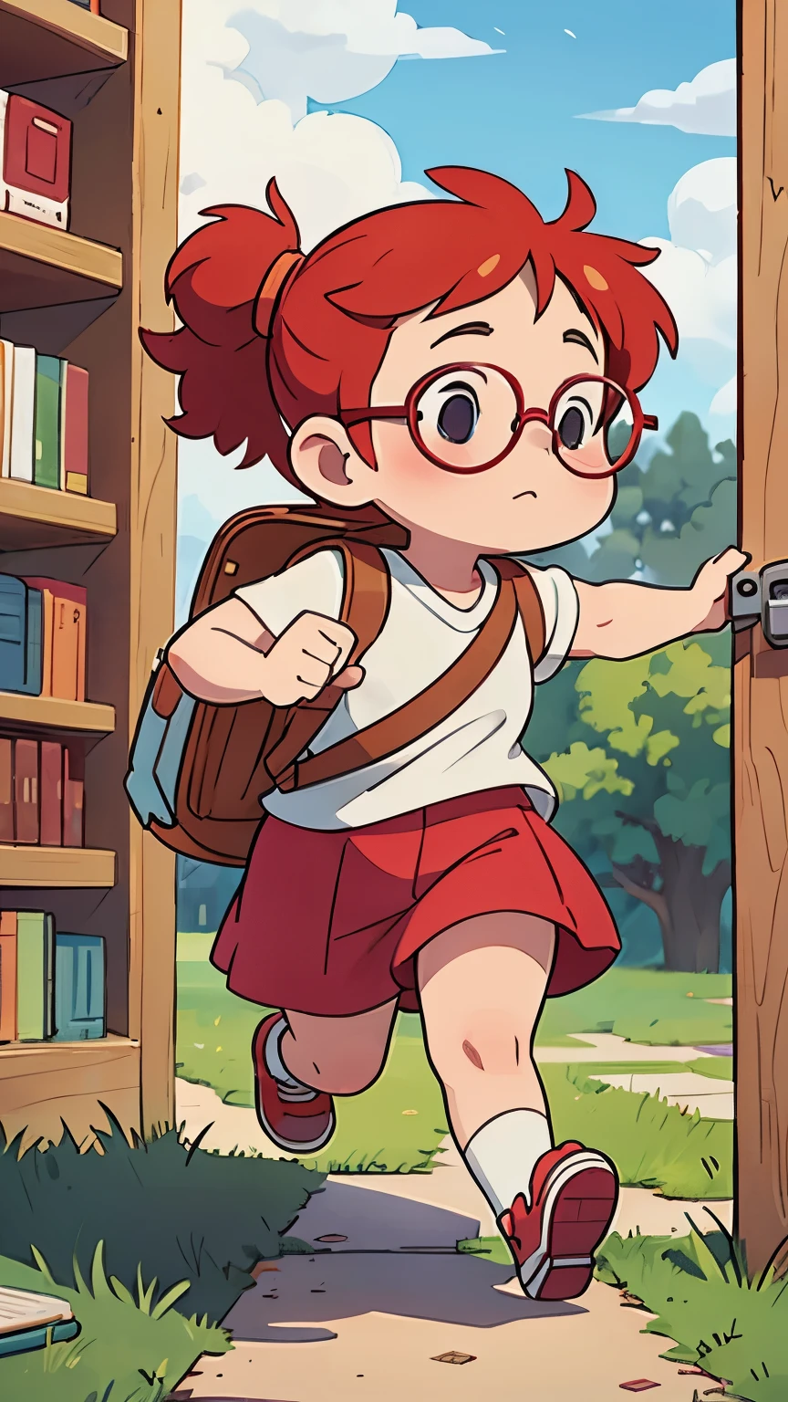 chubby white girl with red hair, glasses, running, backpack, books
