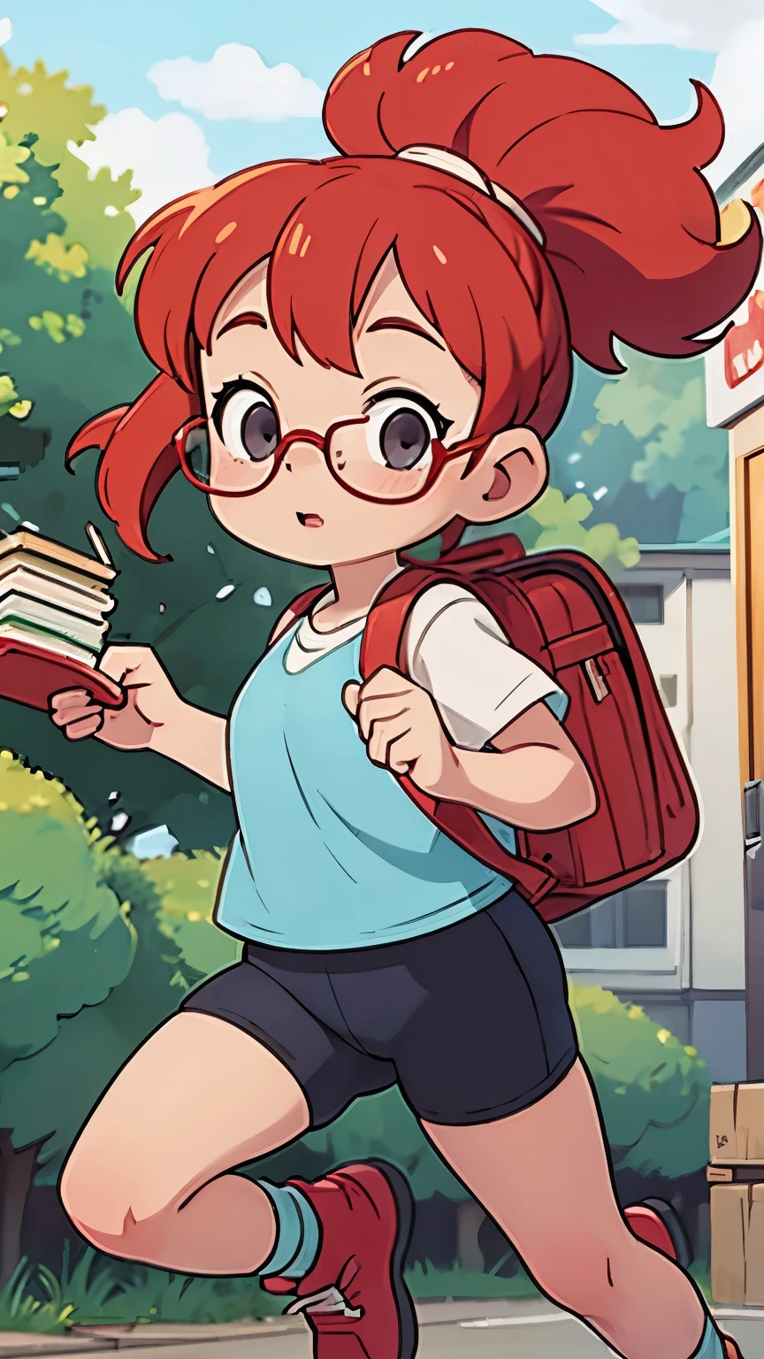 chubby white girl with red hair, glasses, running, backpack, books
