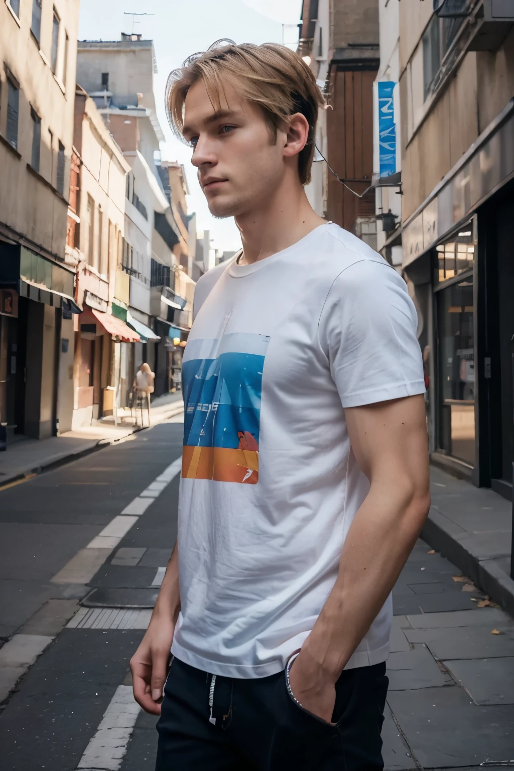 Detailed CG Unity 8K Wallpapers,masutepiece, Best Quality, Ultra-detailed), 25-year-old man walking in a street, 25 year old male, dark-blond hair, blue eyes, pale skin, colorful clothes, red t-shirt, white shows, Headphones, masculine posture