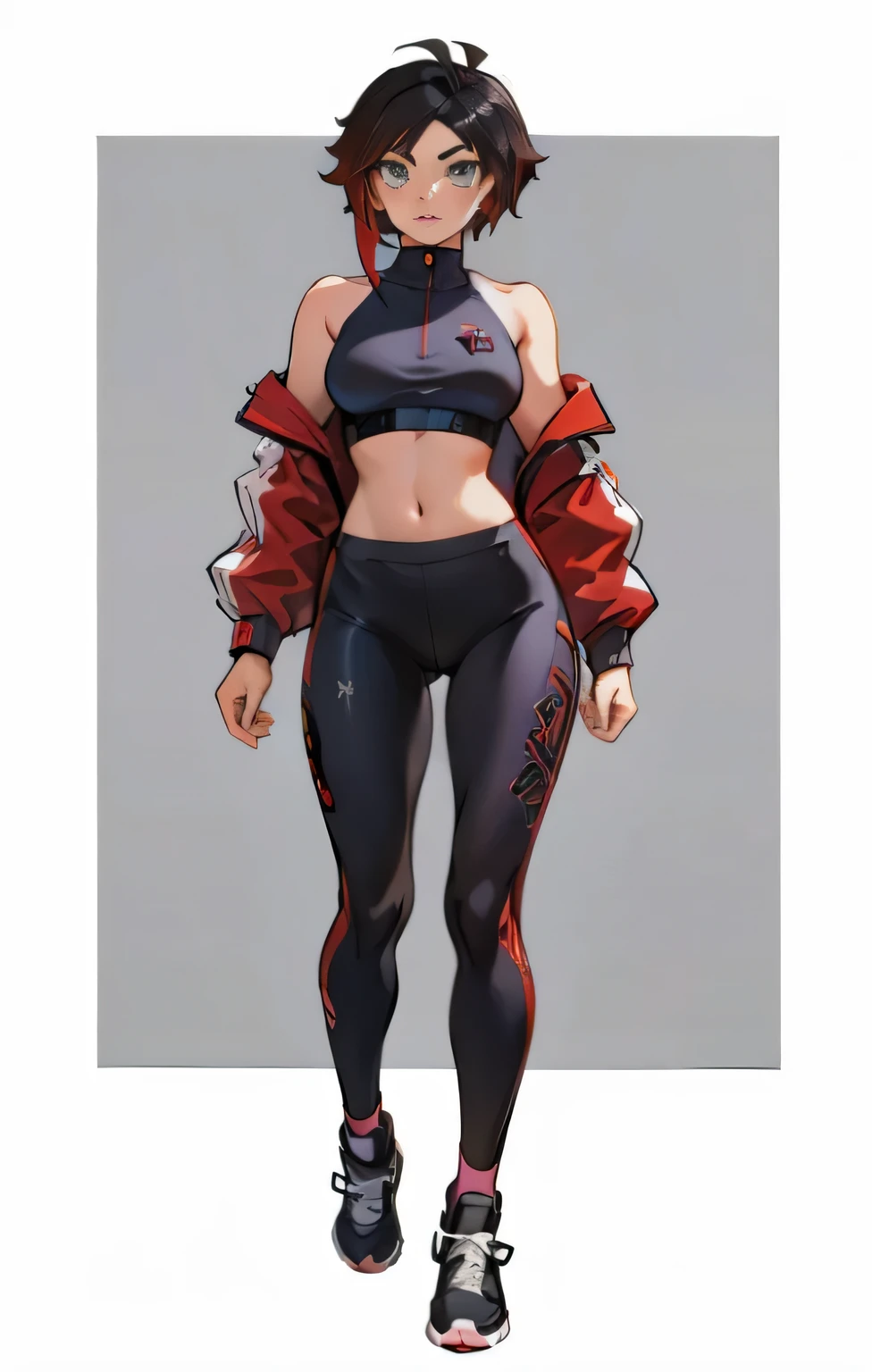 Una mujer con un sujetador deportivo y leggings de pie frente a un fondo gris., detailed concepto de cuerpo completo, concepto de cuerpo completo, anime Full body illustration, Full body illustration, retrato de cuerpo completo del personaje, full body commission for, personaje de estilo anime, detailed concepto de cuerpo completo art, concepto de personaje realista, linda ropa deportiva, concepto de personaje de cuerpo completo, fanart exquisito muy detallado