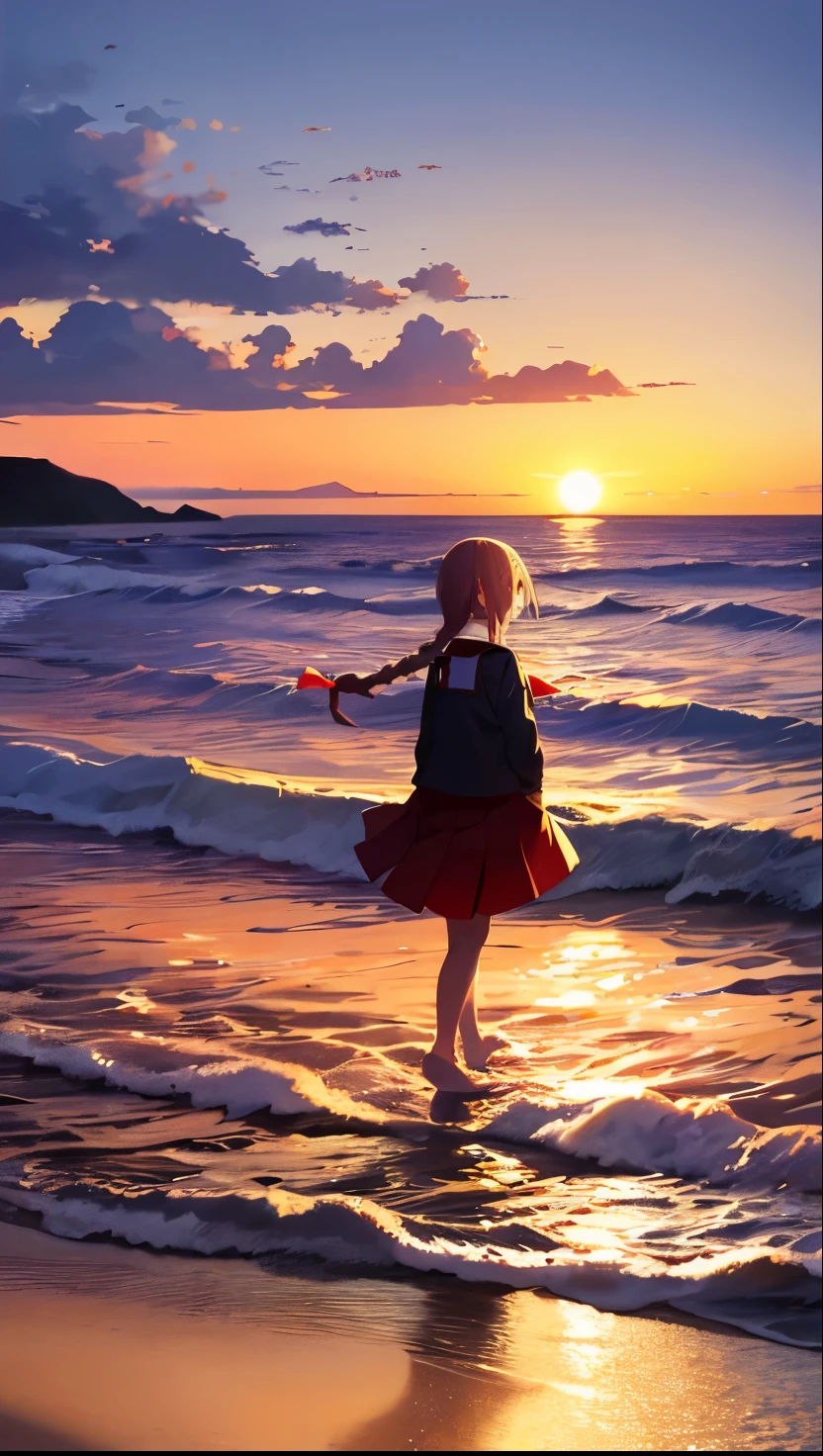 1 girl, alone,smile, beach,(sunset:1.1),  Akagi_Also(denchi-project), alone,  star hair ornament, twin braids,shine, from behind, think back, huge sunset,red floating, uniform, night, wave hands, Ocean