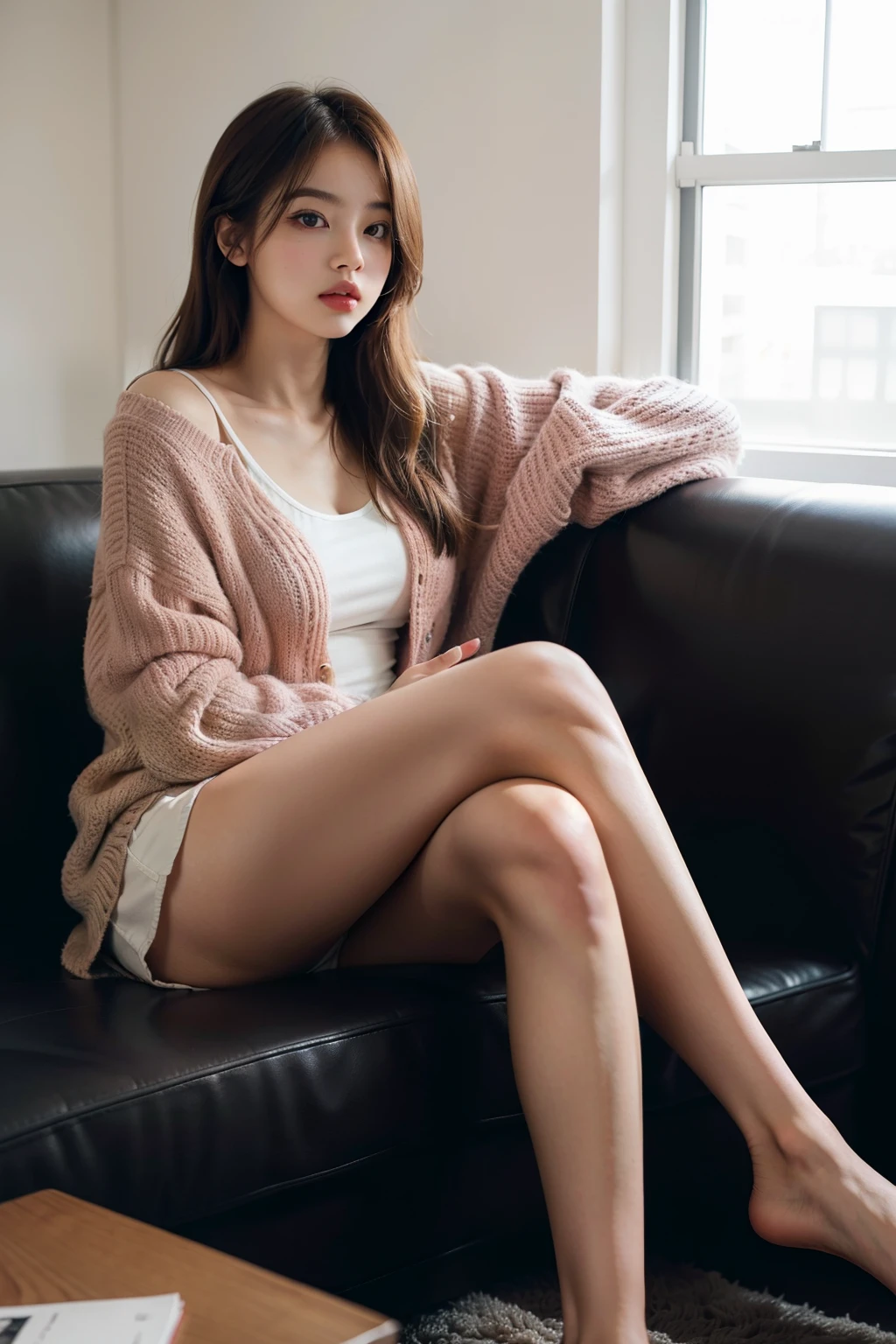 1girl,sitting on a cozy couch,crossing legs,soft light,Rose blackpink
